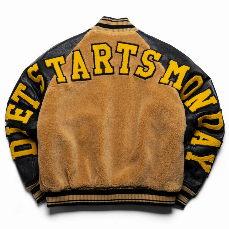 Poise Beach Diet Starts Monday Sherpa Varsity Jacket - Black/Yellow