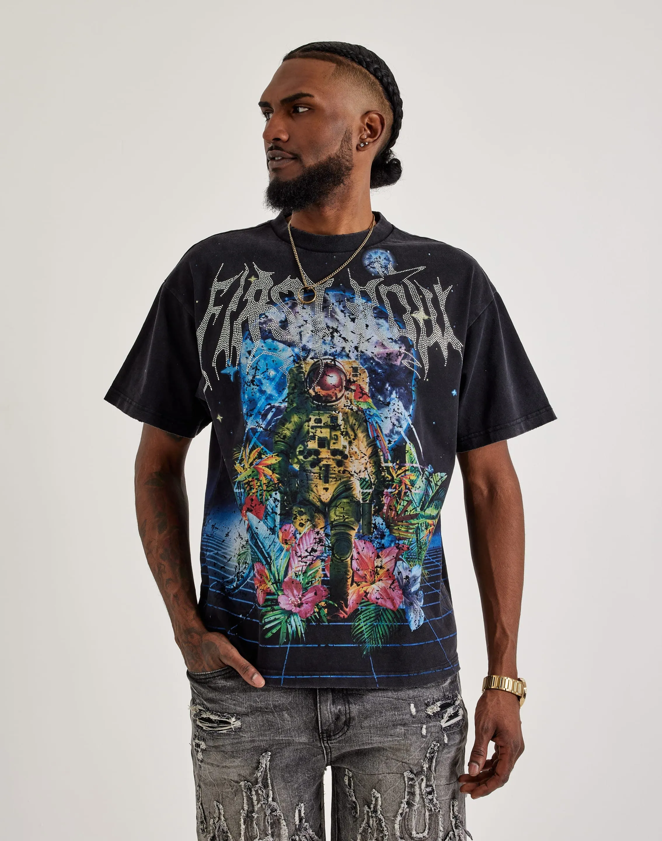 First Row Earth First Rhinestone Tee LayeredPaneling Saga Fit