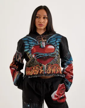 Majestik Winged Heart Tapestry Cropped Hoodie Art Core Thick Fiber