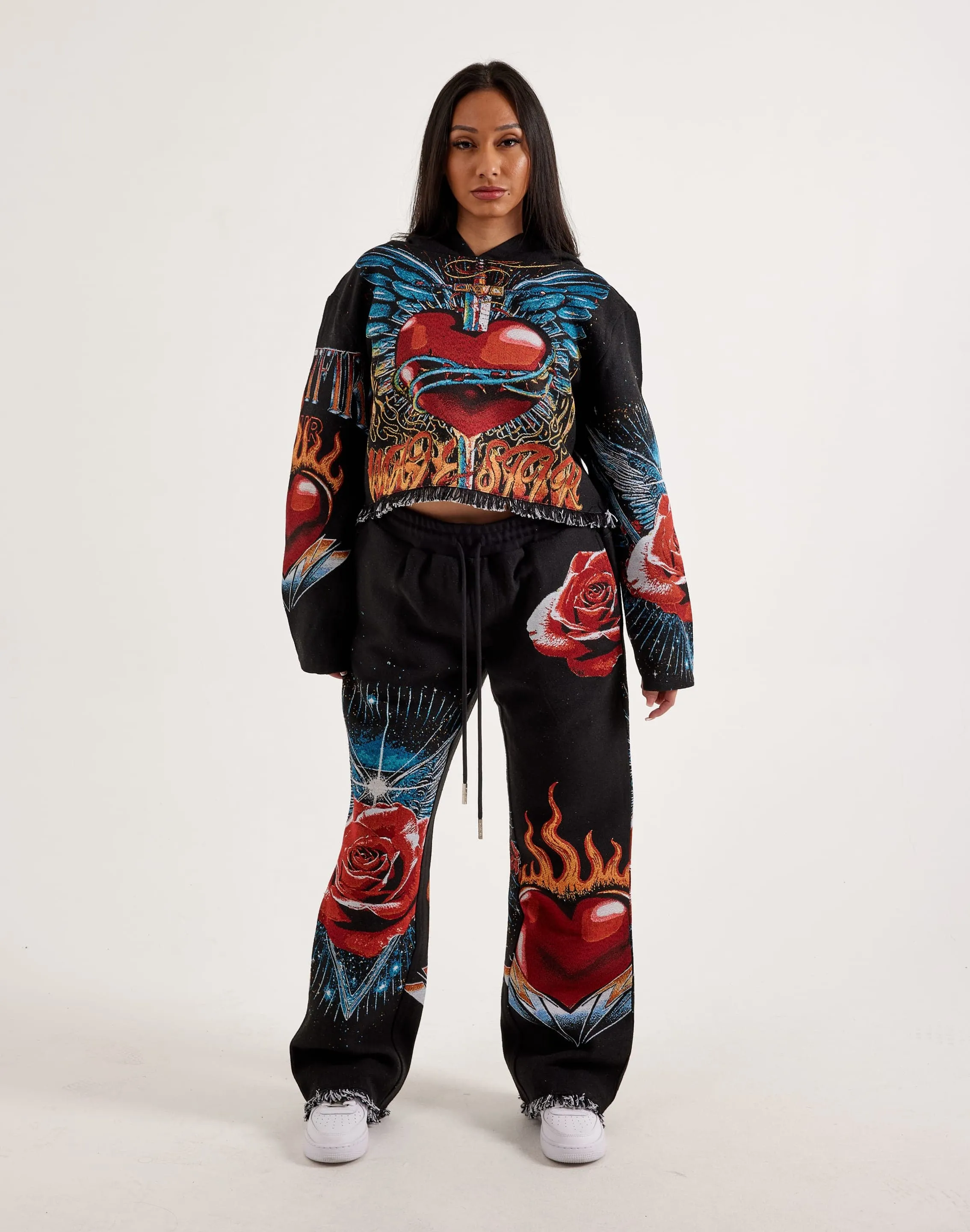Flexible Material Layered Hem Details Majestik Winged Heart Tapestry Cropped Hoodie