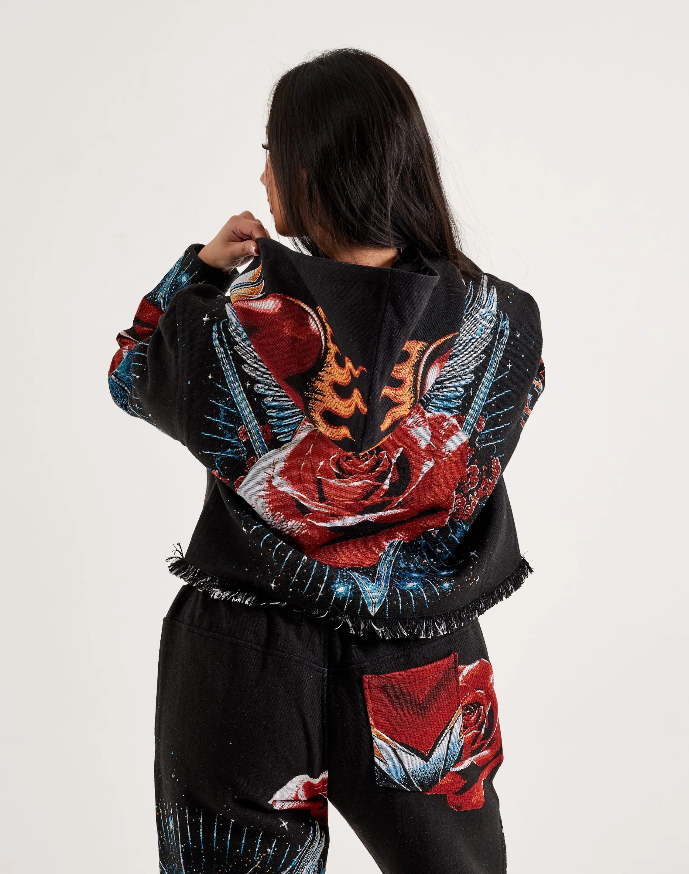 Family Style Majestik Winged Heart Tapestry Cropped Hoodie