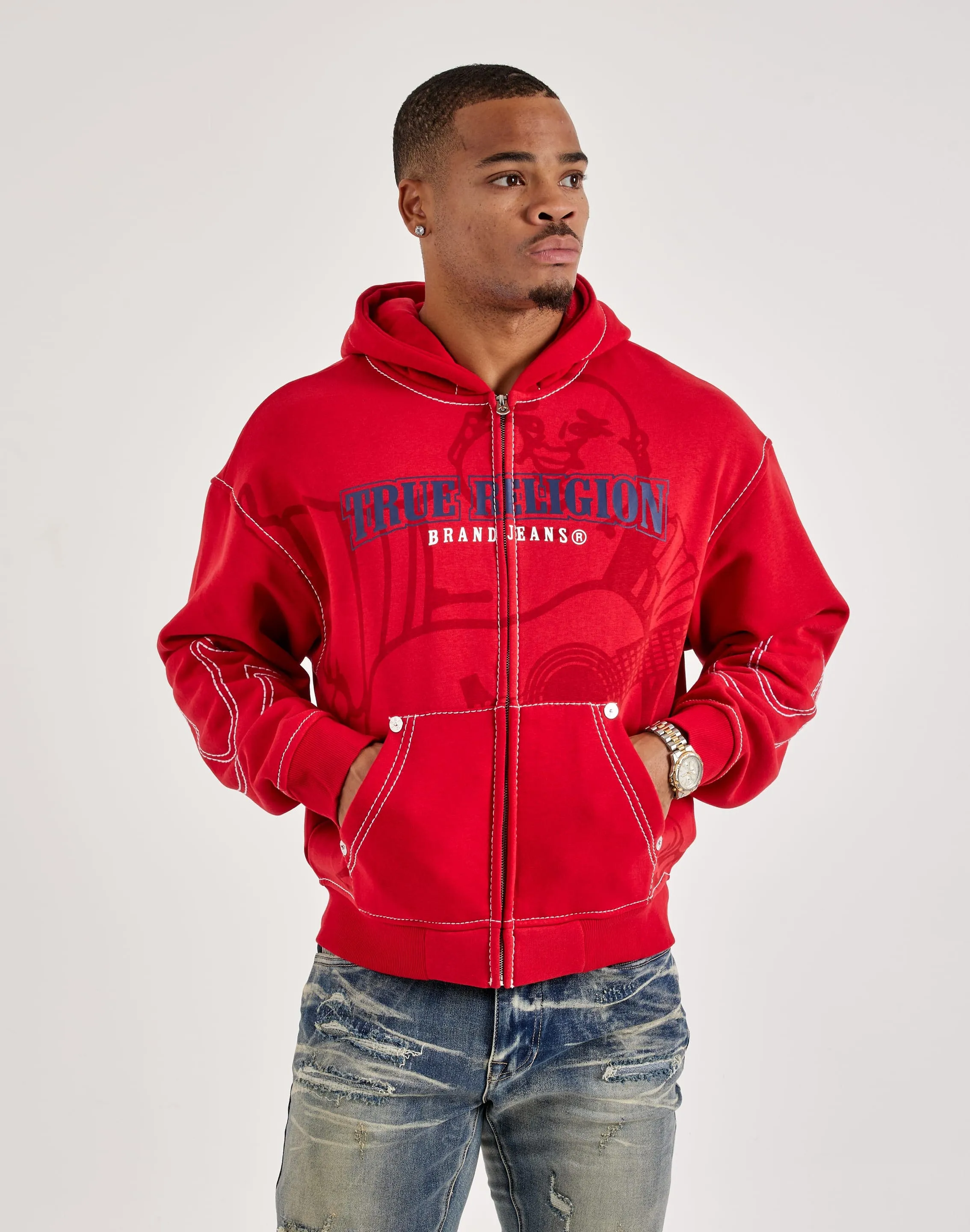 Breezy Fit Suburb Ease True Religion Anniversary Big-T Zip Fleece Hoodie