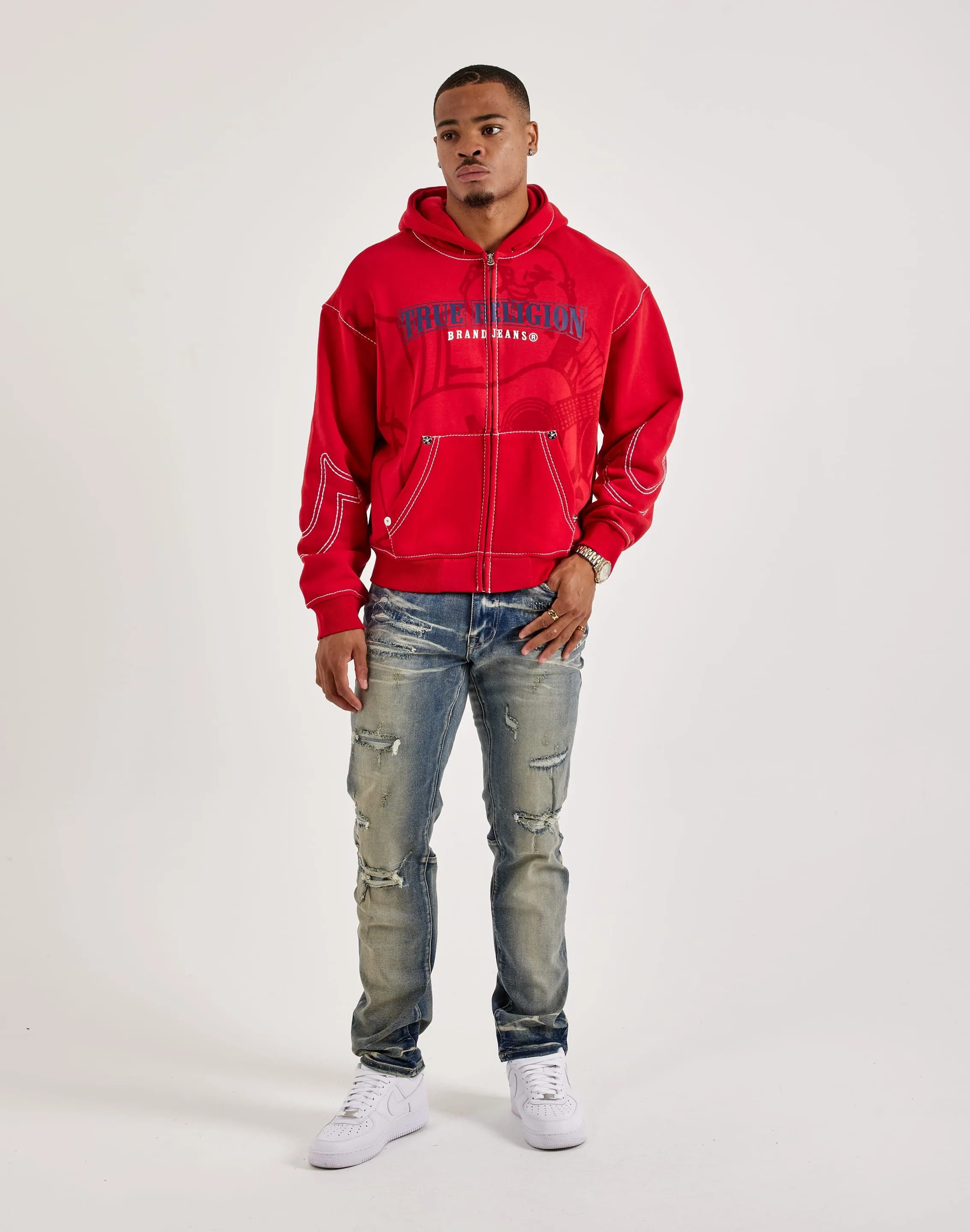 True Religion Anniversary Big-T Zip Fleece Hoodie WindproofInterior Adjustable drawstring