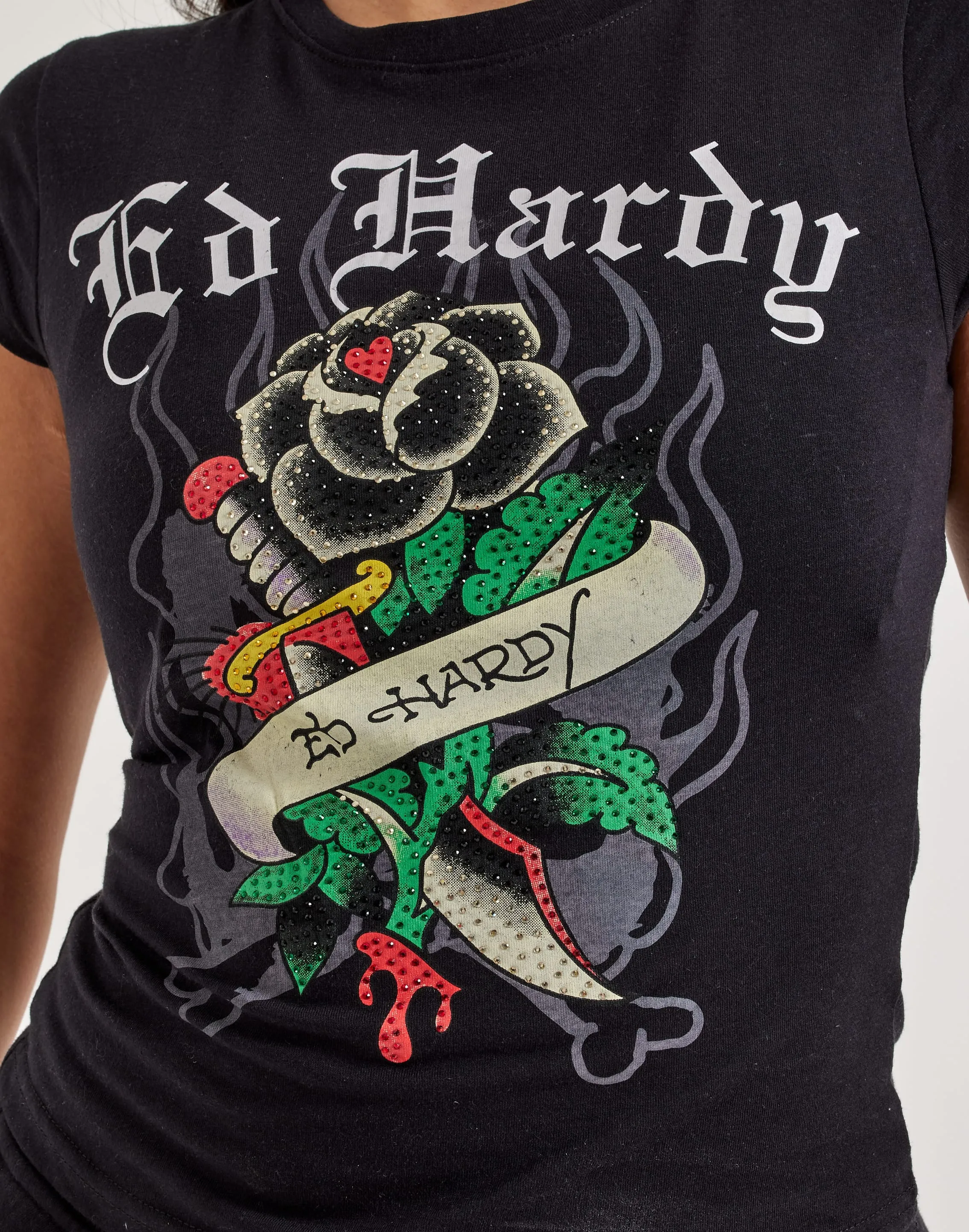 Ed Hardy Black Rose Rhinestone Cap Sleeve Tee Wind Block RecycledPolyester