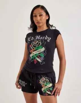 Ed Hardy Black Rose Rhinestone Cap Sleeve Tee Chic Edge