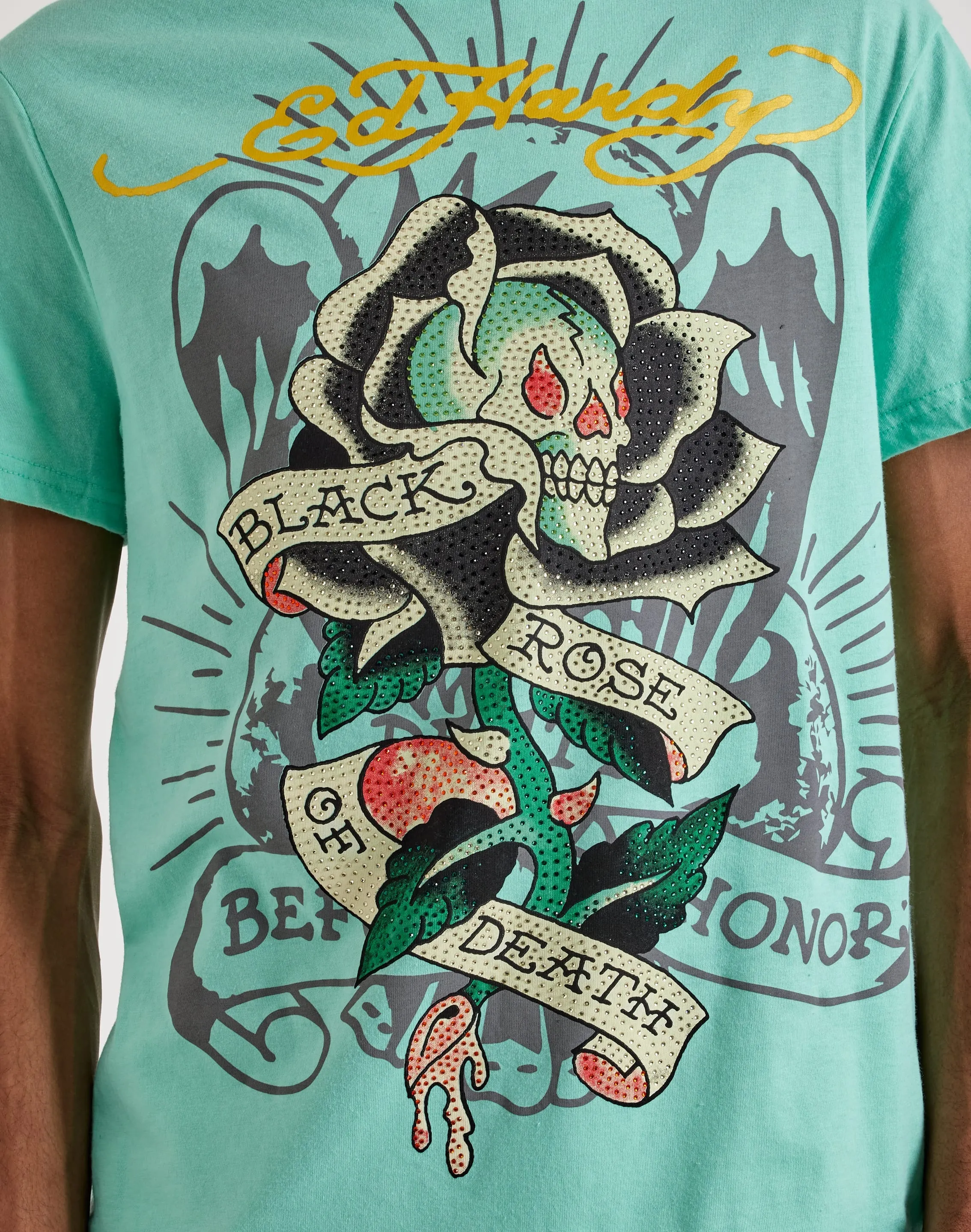 Wonder Fit Ed Hardy  Black Rose Rhinestone Short Sleeve Tee