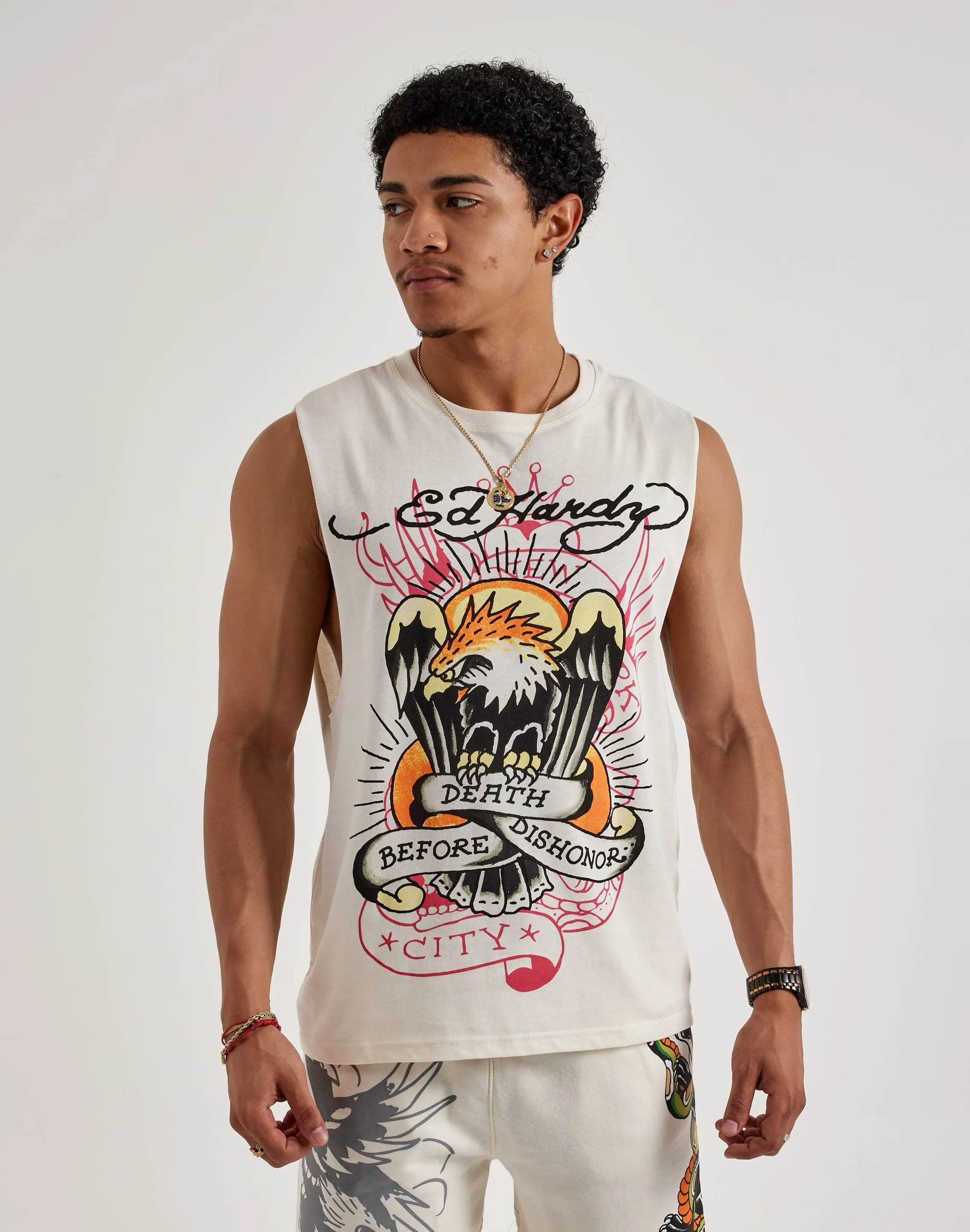 Ed Hardy Death Before Dishonor Eagle Sleeveless Tee RollUp Sleeves