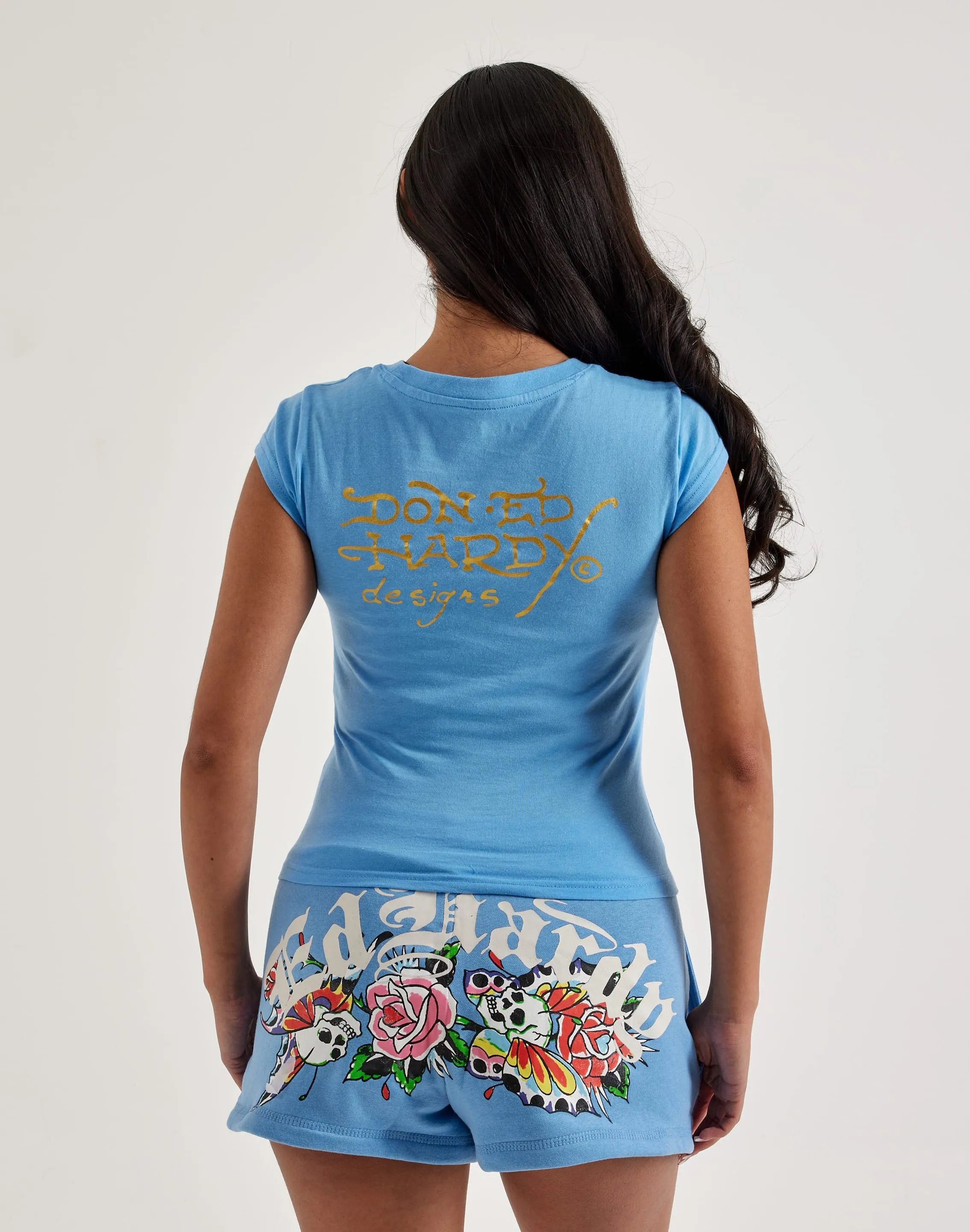 NoIrritationSeams Ed Hardy Flower Skulls Cap Sleeve Tee