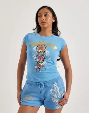 Ed Hardy Flower Skulls Cap Sleeve Tee Airflow Mesh Panels