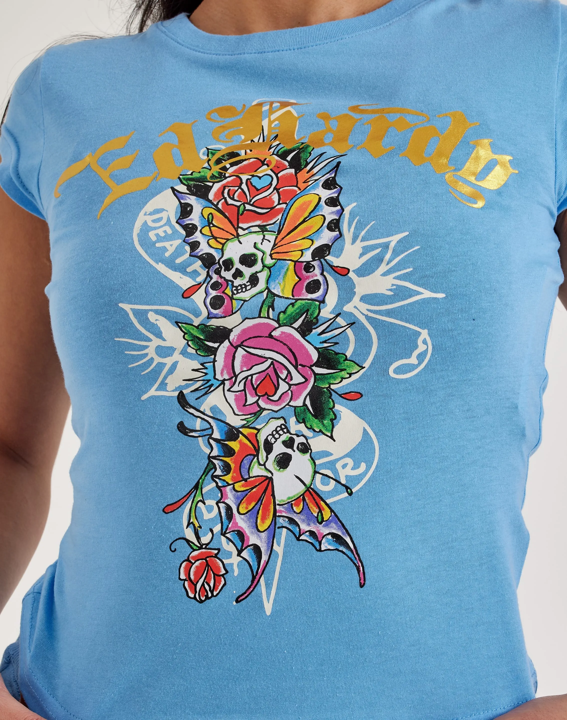 Ed Hardy Flower Skulls Cap Sleeve Tee Ship Glow FrictionResistantEdges