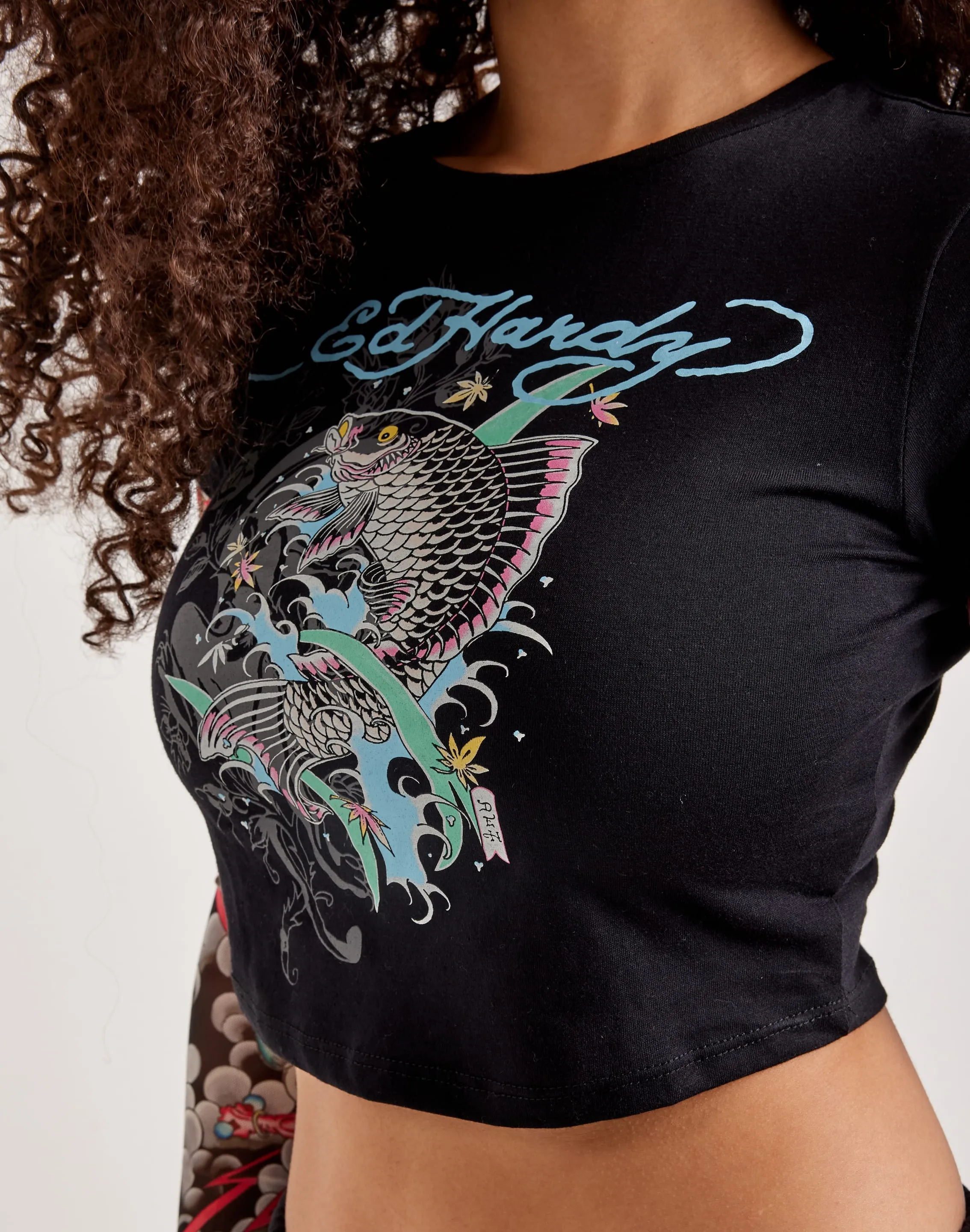 AntiStatic Material MultiPanelDesign Ed Hardy Mesh Koi Fish Tattoo Long-Sleeve Top