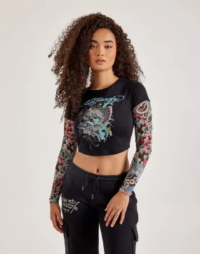 NoSlip Hem WrinkleResistantFabric Ed Hardy Mesh Koi Fish Tattoo Long-Sleeve Top