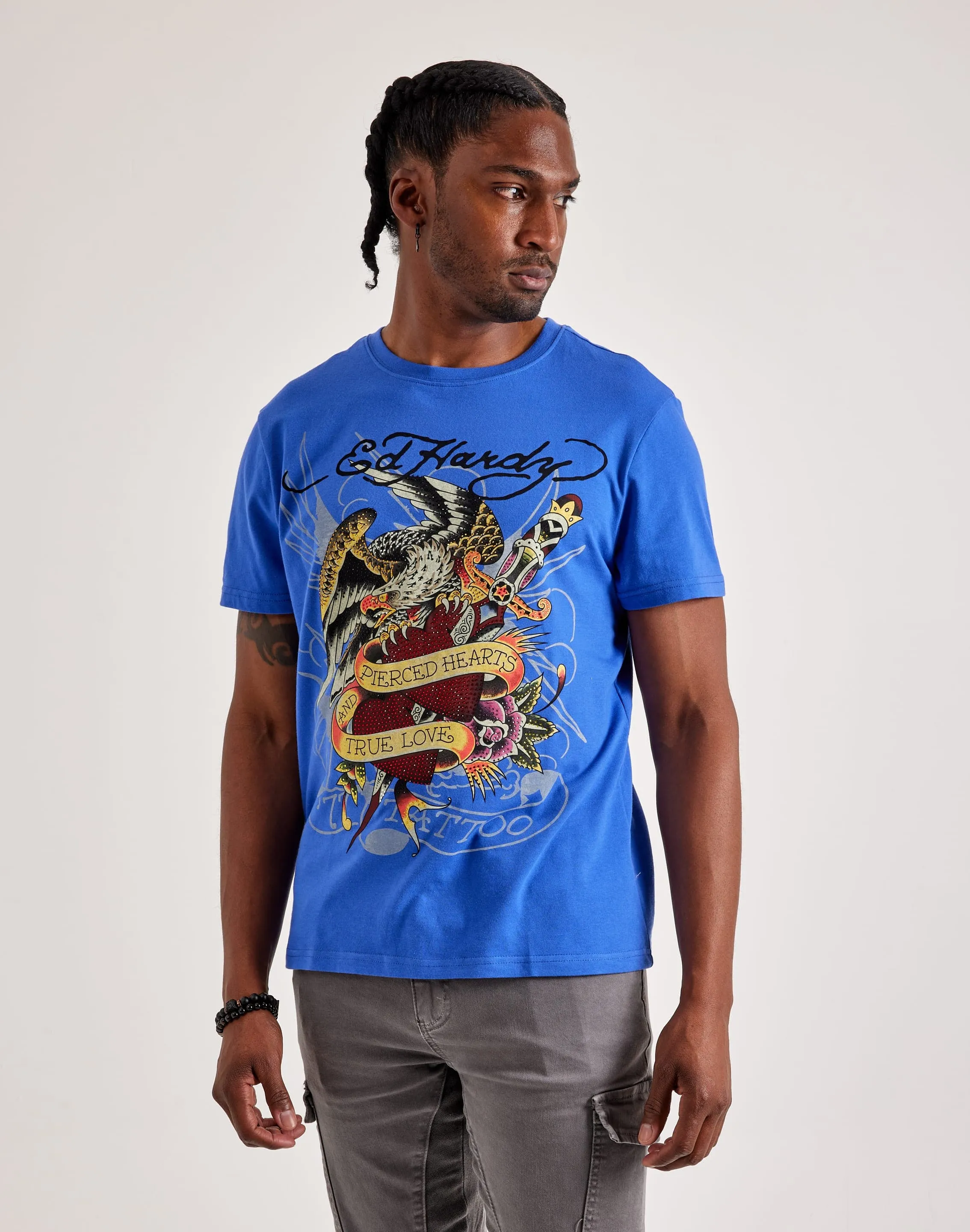 World Glow Joy Mood Ed Hardy Pierced Eagle Rhinestone Tee