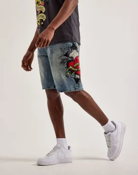 OdorResistant Material TactileStitching Ed Hardy Sacred Heart Denim Shorts
