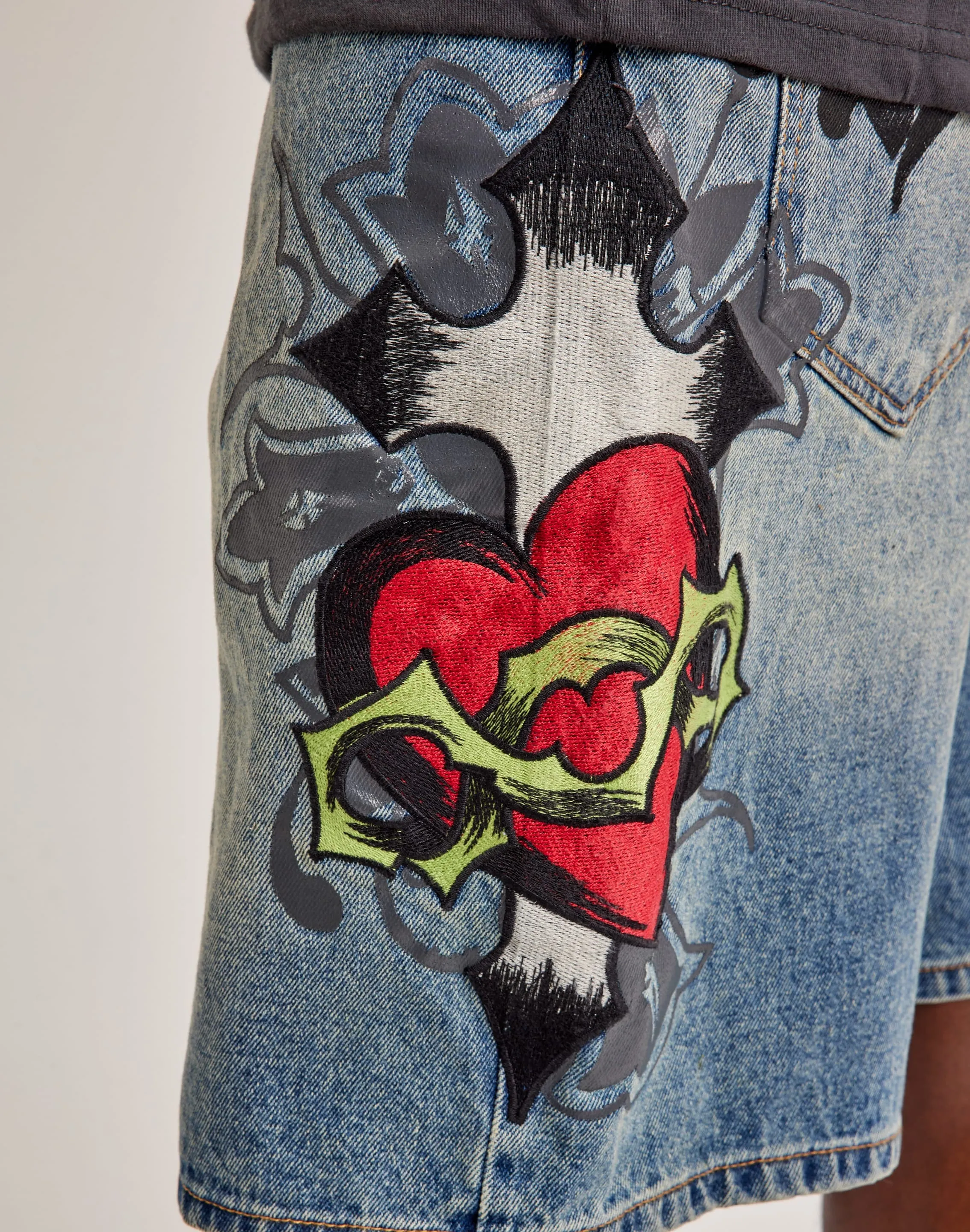Date Vibe Rustic Ease Ed Hardy Sacred Heart Denim Shorts