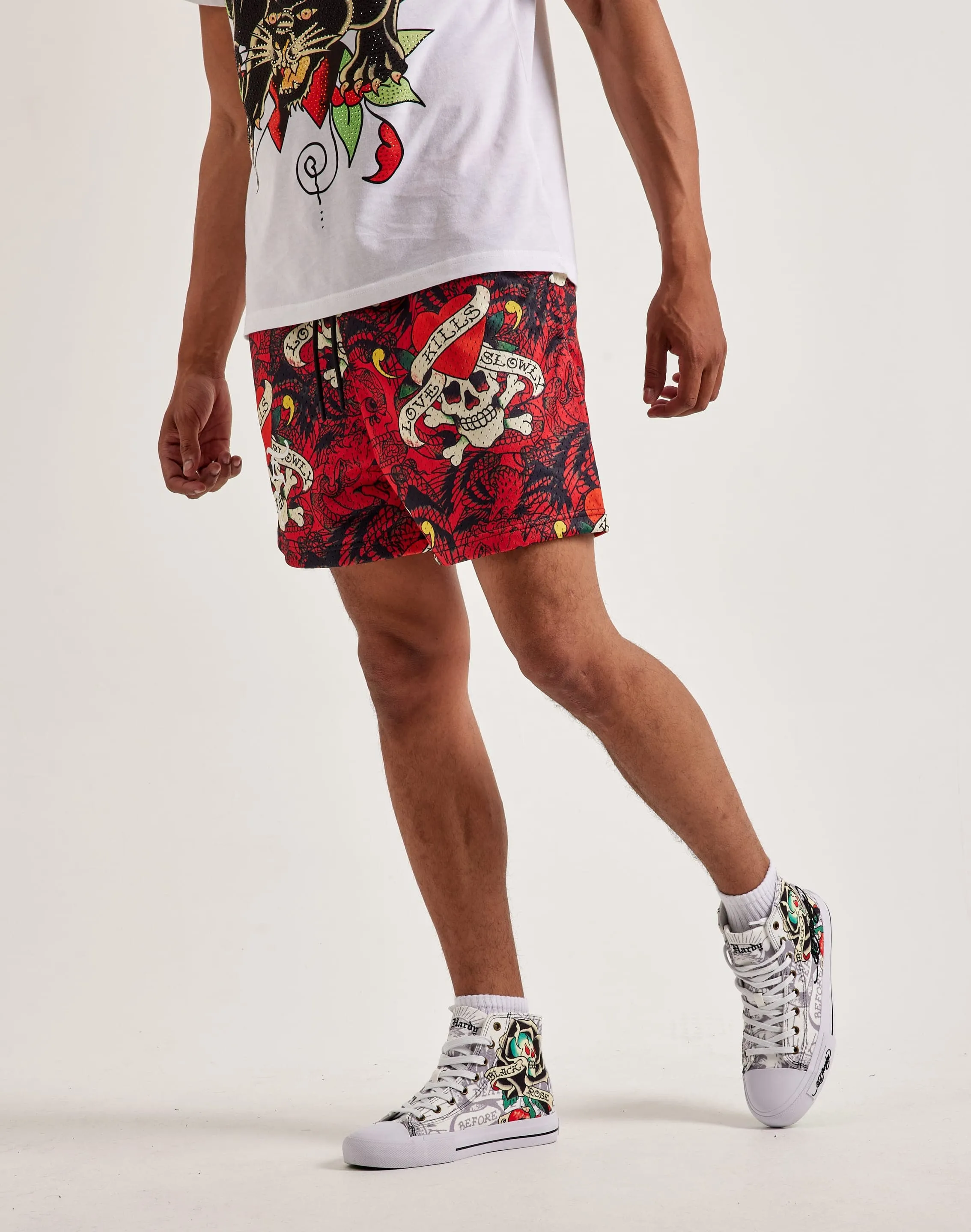 DoubleLayered Fabric Ed Hardy Skull Mesh Shorts