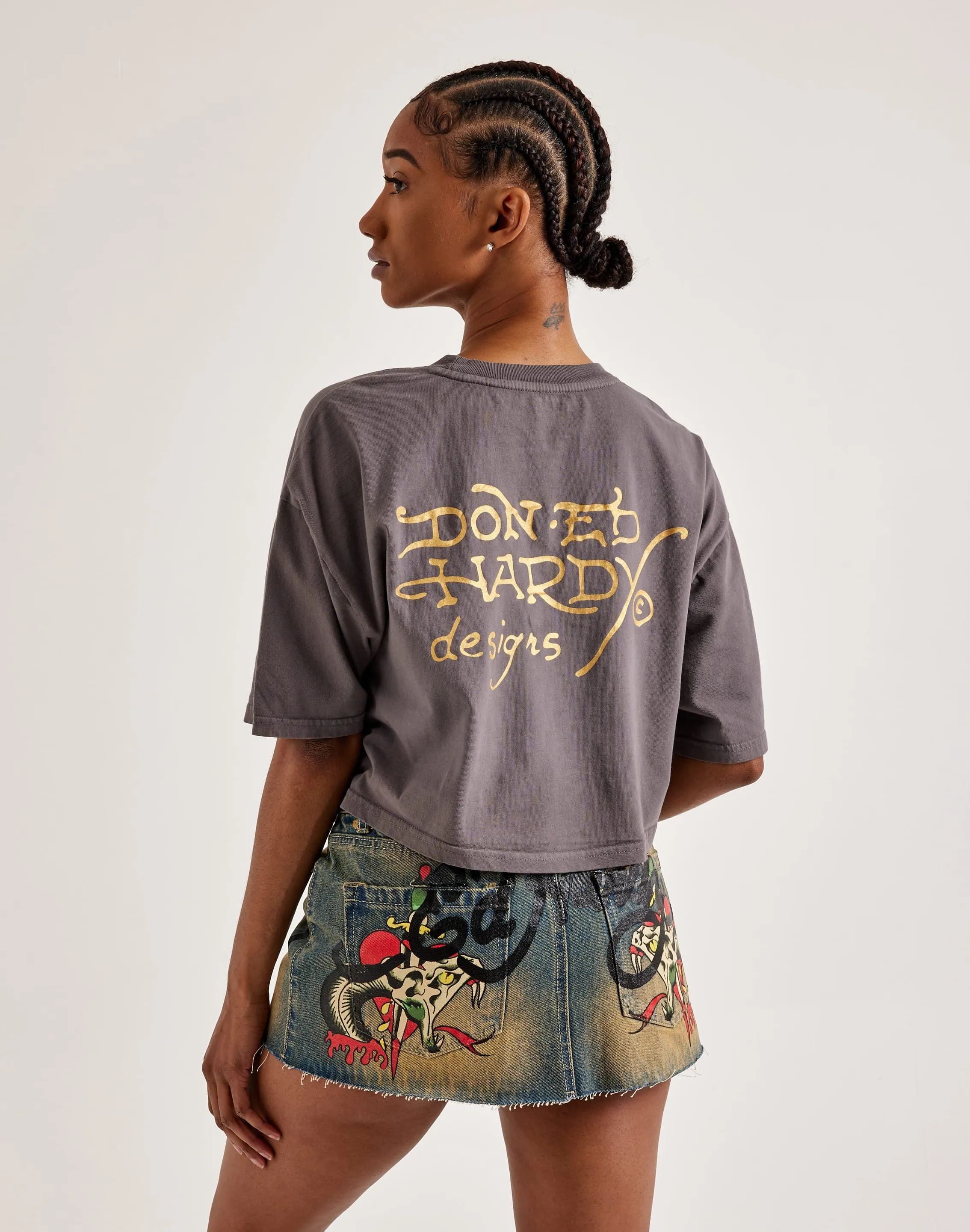 Party Ready Music Mood Ed Hardy Snake Heart Boxy Cropped Tee