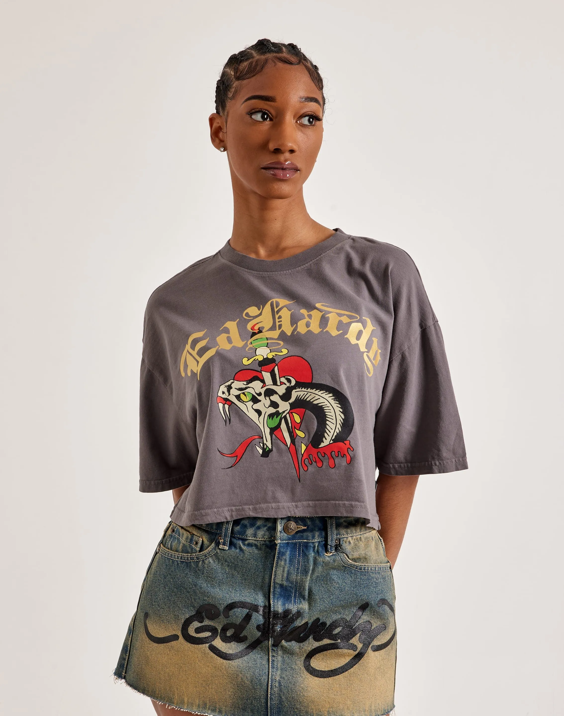 Halo Glow Ed Hardy Snake Heart Boxy Cropped Tee
