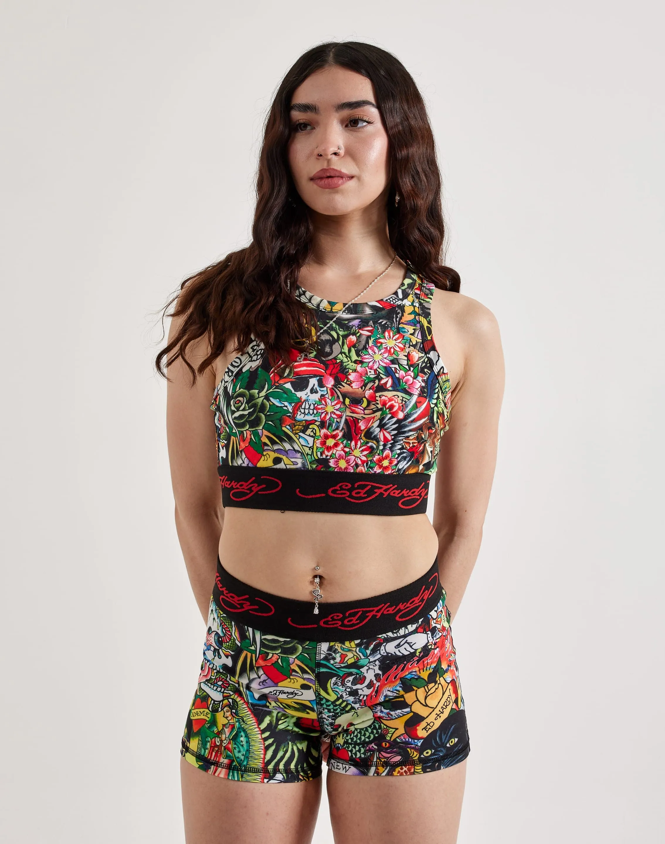 MatteFinishTexture Convertible Style Ed Hardy Tattoo Collage Fitted Tank Top