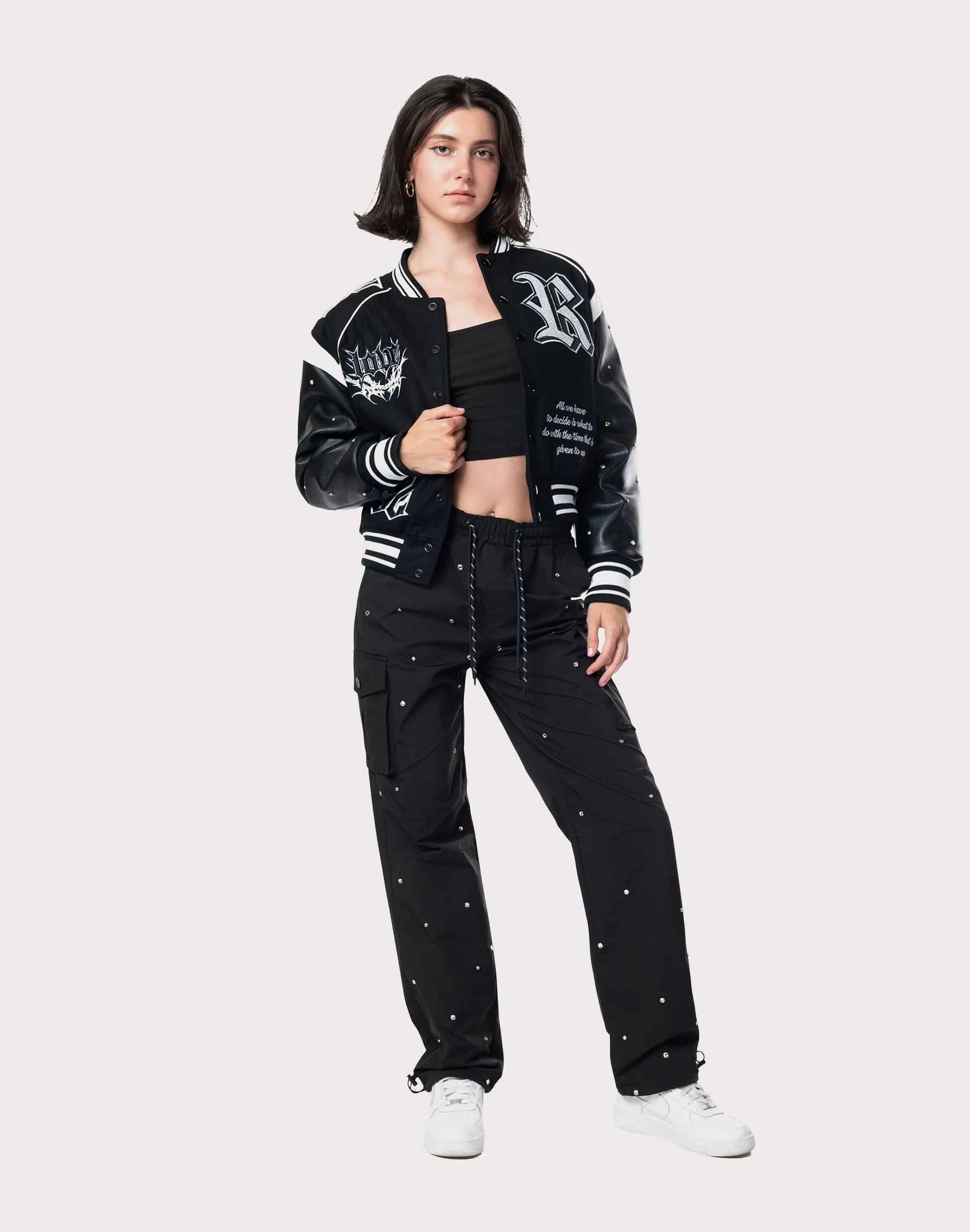 Stream Fit Grindhouse Rhinestone Varsity Black Jacket