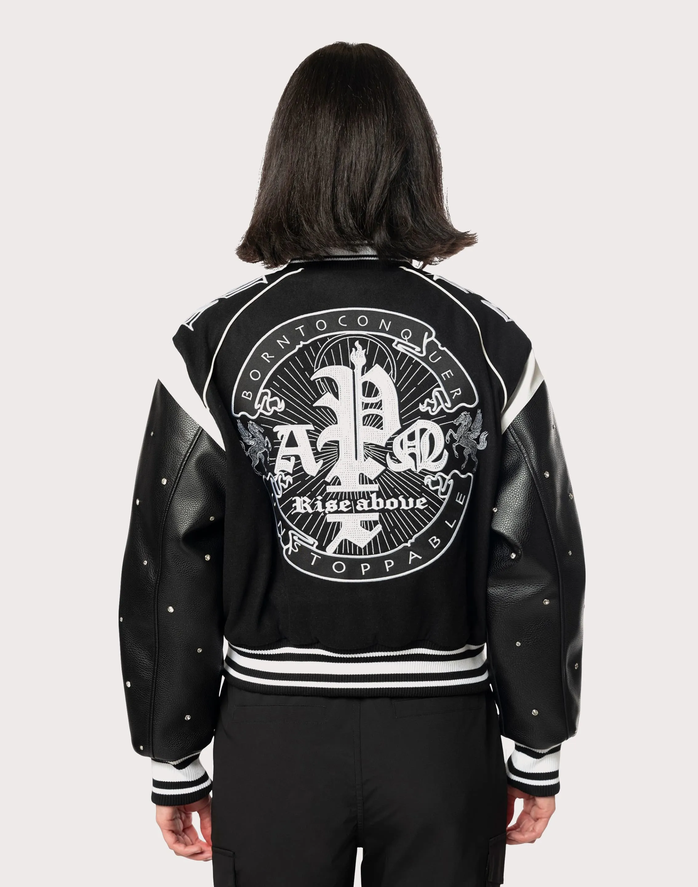 Grindhouse Rhinestone Varsity Black Jacket Photo Fit