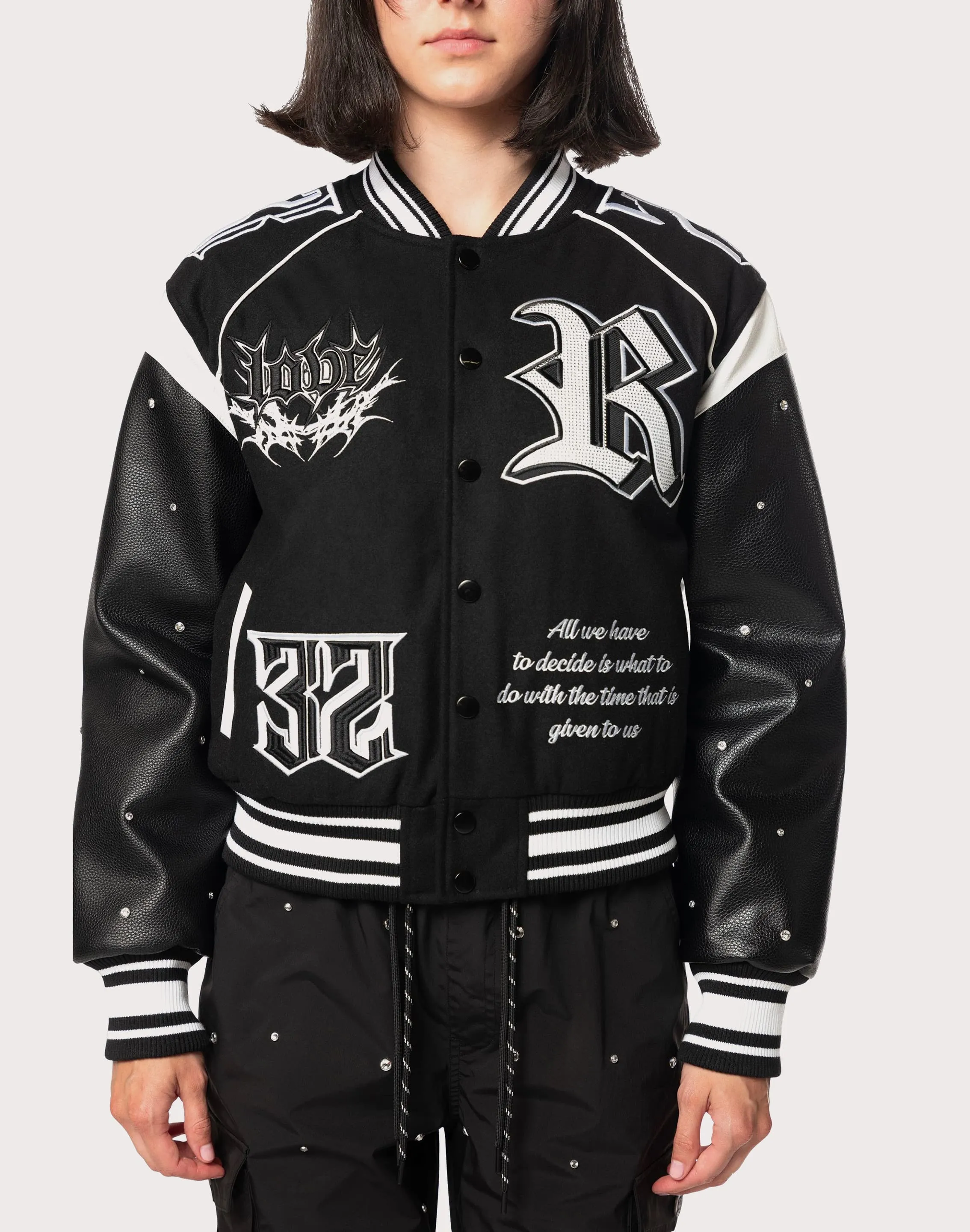 Grindhouse Rhinestone Varsity Black Jacket Recycled Polyester Blend Easy Breath