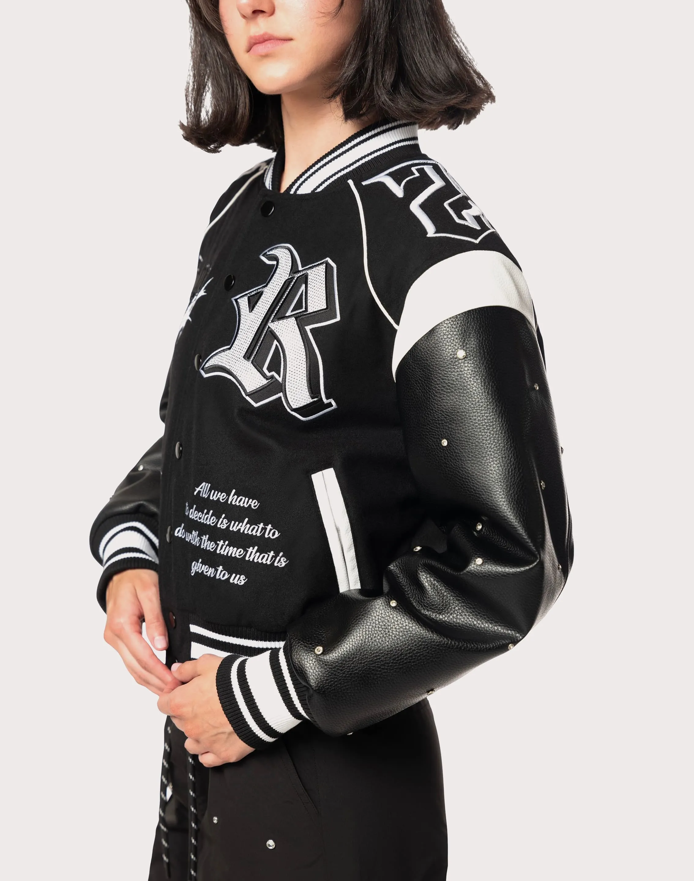 Grindhouse Rhinestone Varsity Black Jacket Compact Packable Design