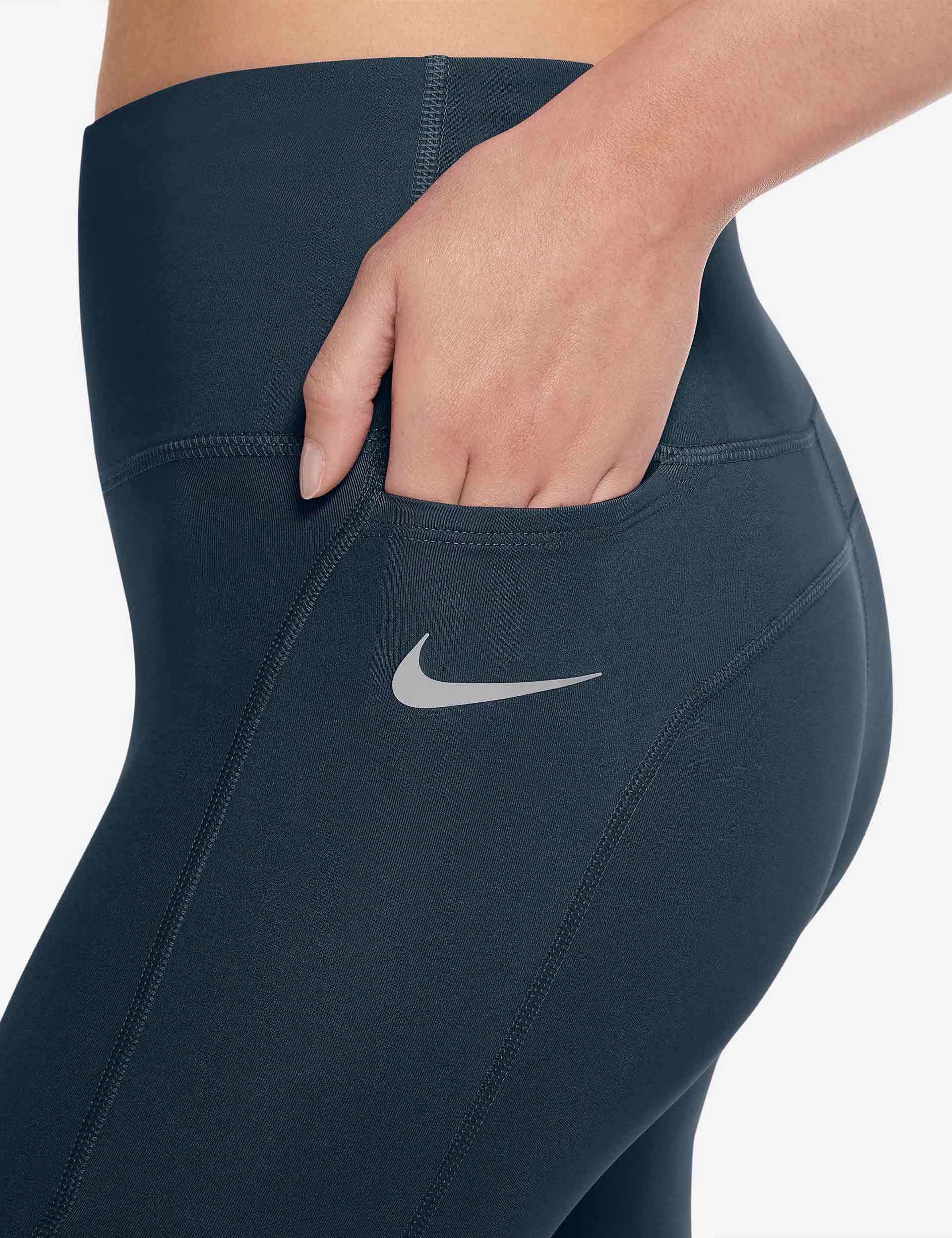 Smooth Compression Moisture Wicking Active Lifestyle Epic Fast Pocket Running Leggings - Armory Navy/Reflective Silver