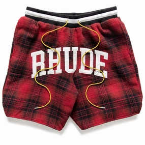 Hidden Storage Compartment Warm Days Rhude Flannel Collegiate Court Logo Short - Red/Black