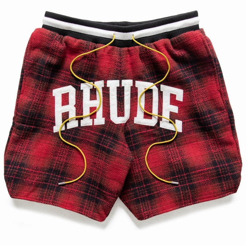 Hidden Storage Compartment Warm Days Rhude Flannel Collegiate Court Logo Short - Red/Black