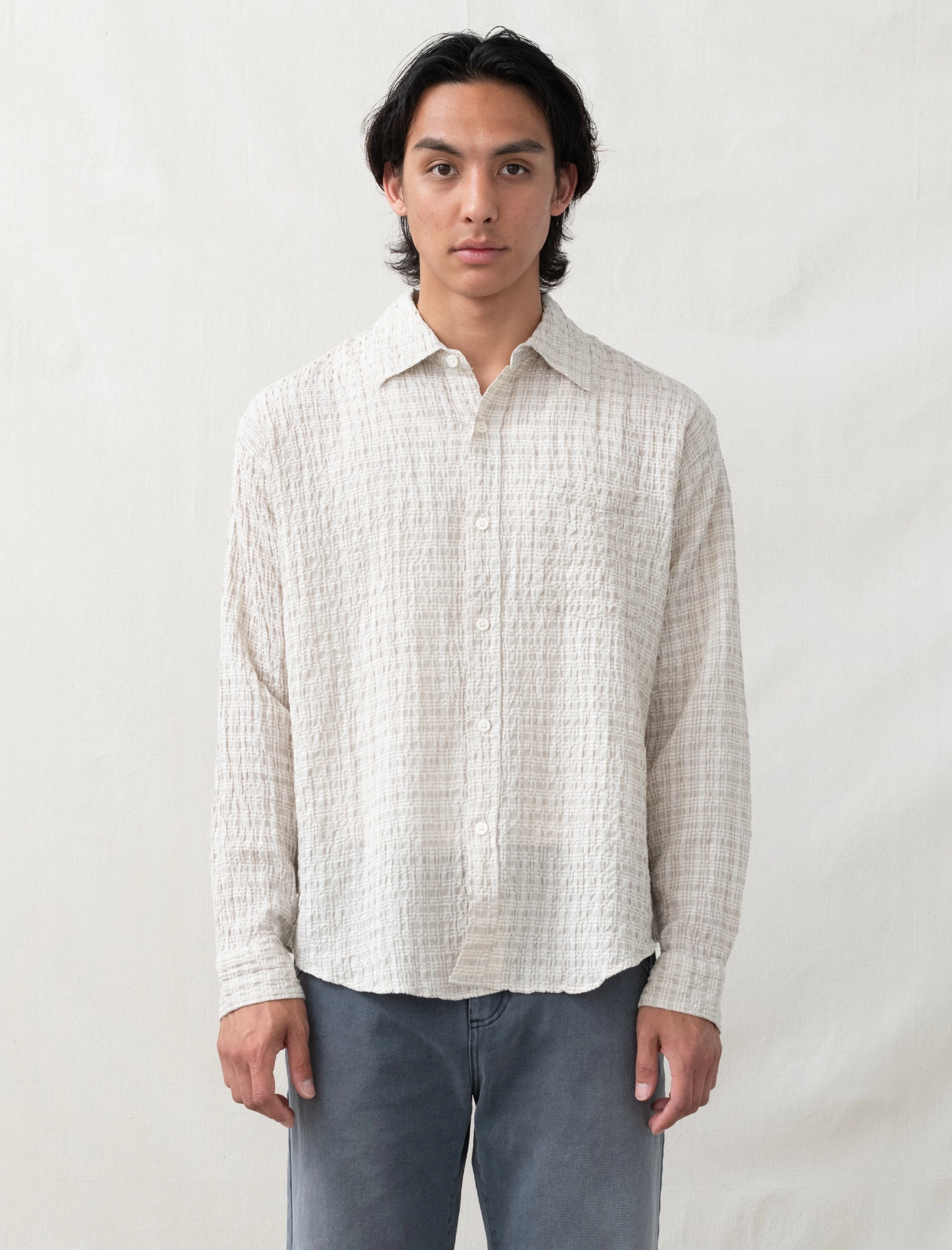 Executive Shirt (Beige Structure Check) Non Chafe Armholes Metallic Fiber Blend