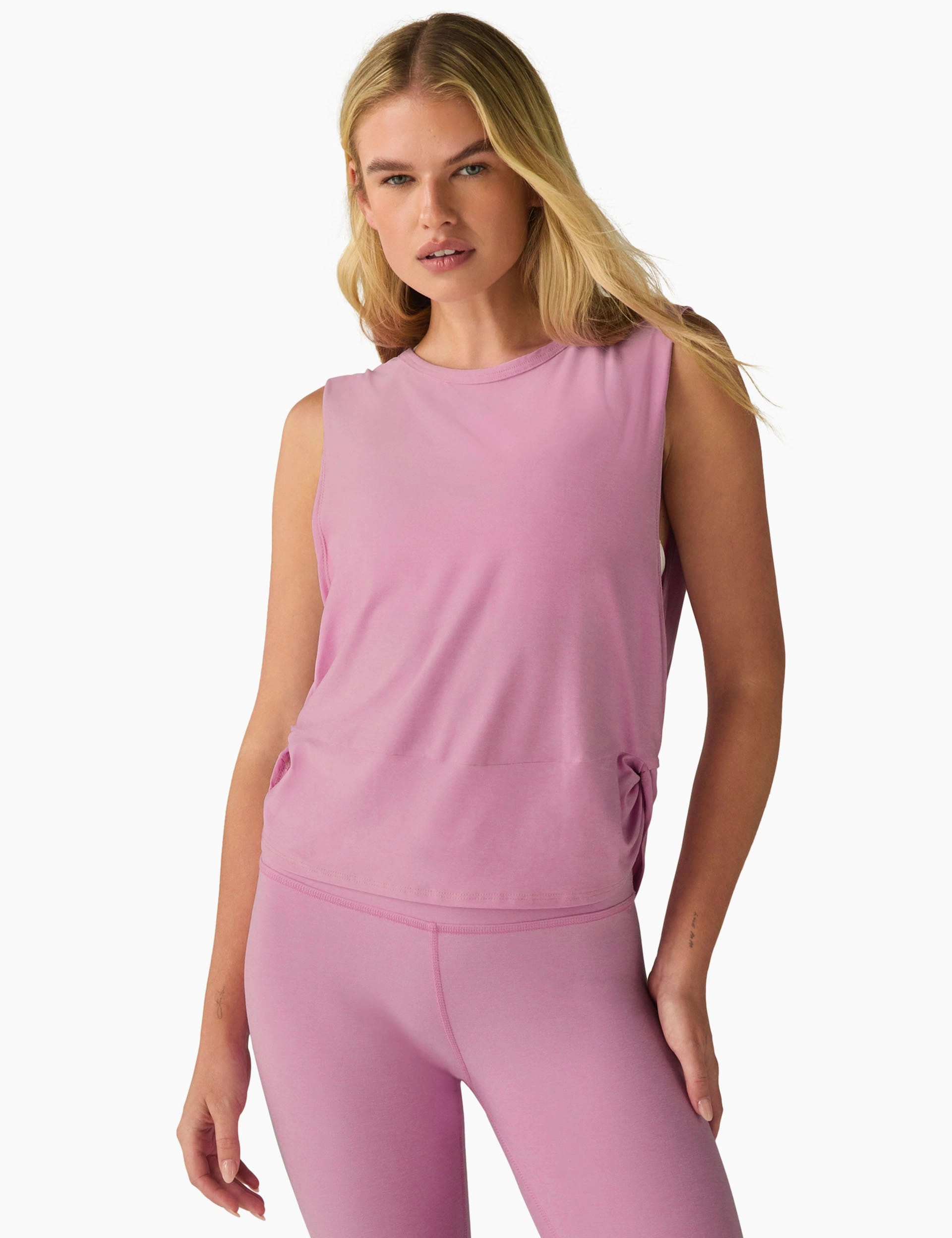Active Lifestyle Anti Pilling Surface Featherweight Side Note Twist Tank - Pink Haze Heather