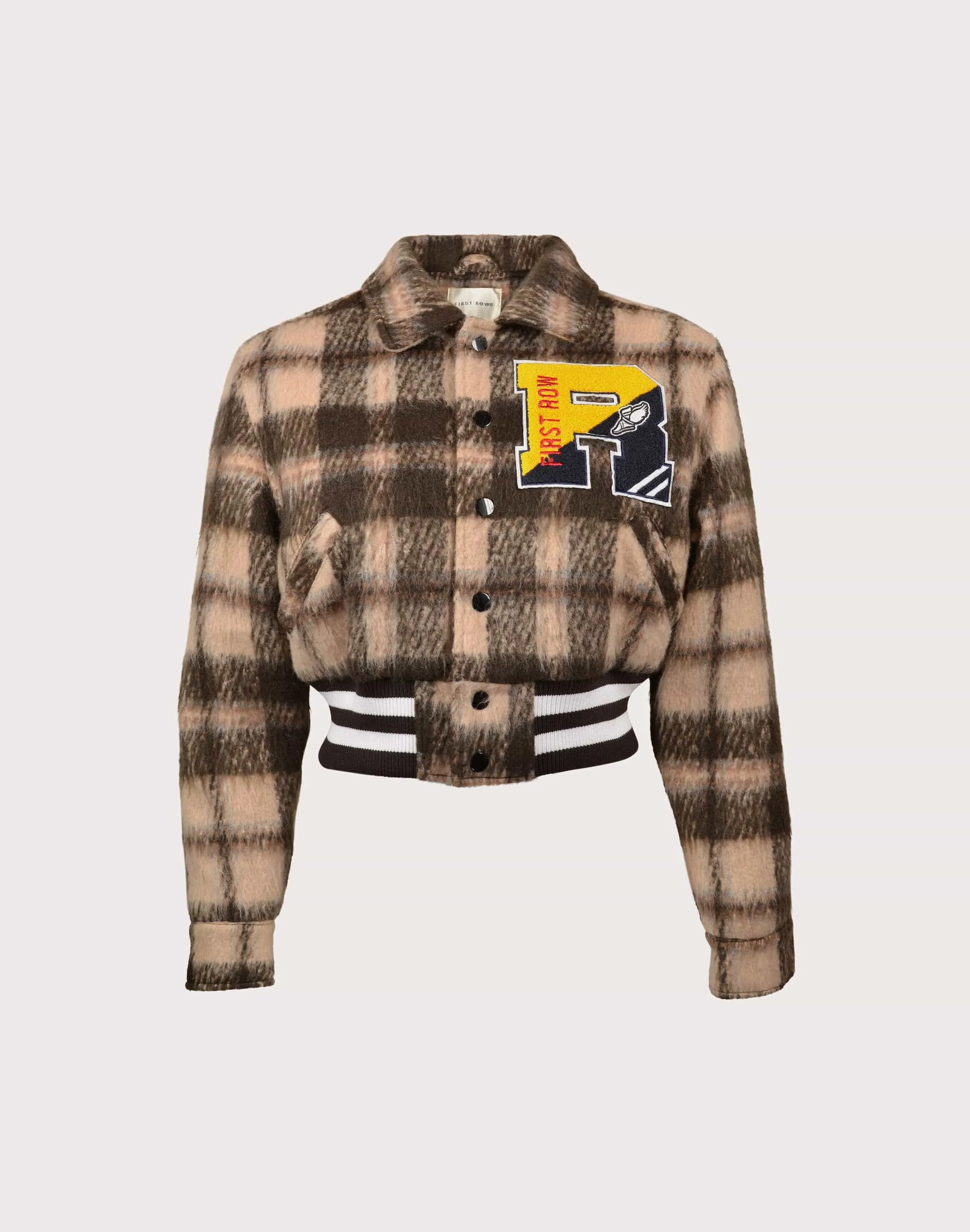 NonRestrictiveFit First Row Mohr Plaid Varsity Brown Jacket