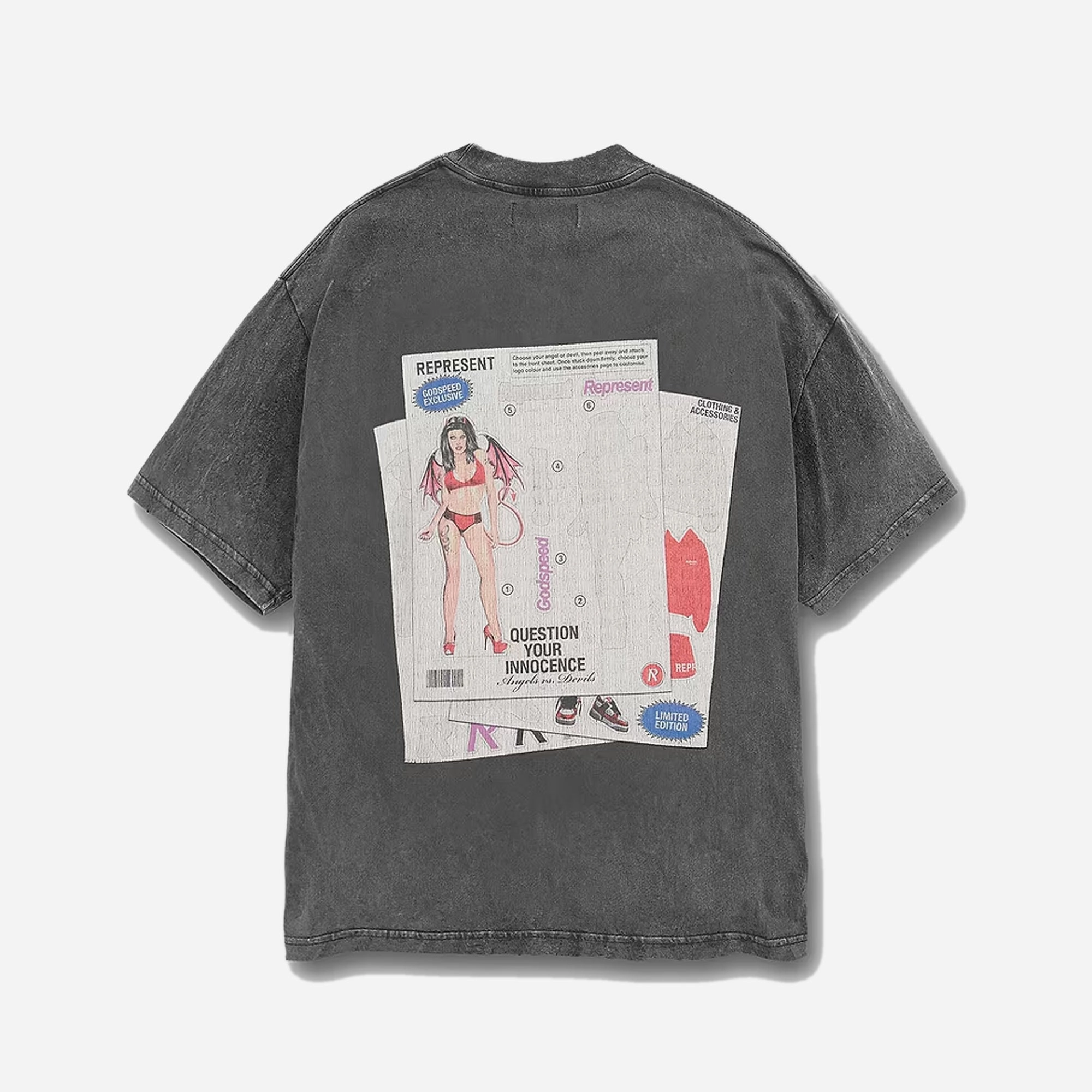 NonRestrictiveCut EcoDye Process REPRESENT | QUESTION YOUR INNOCENCE T-SHIRT { VINTAGE GREY