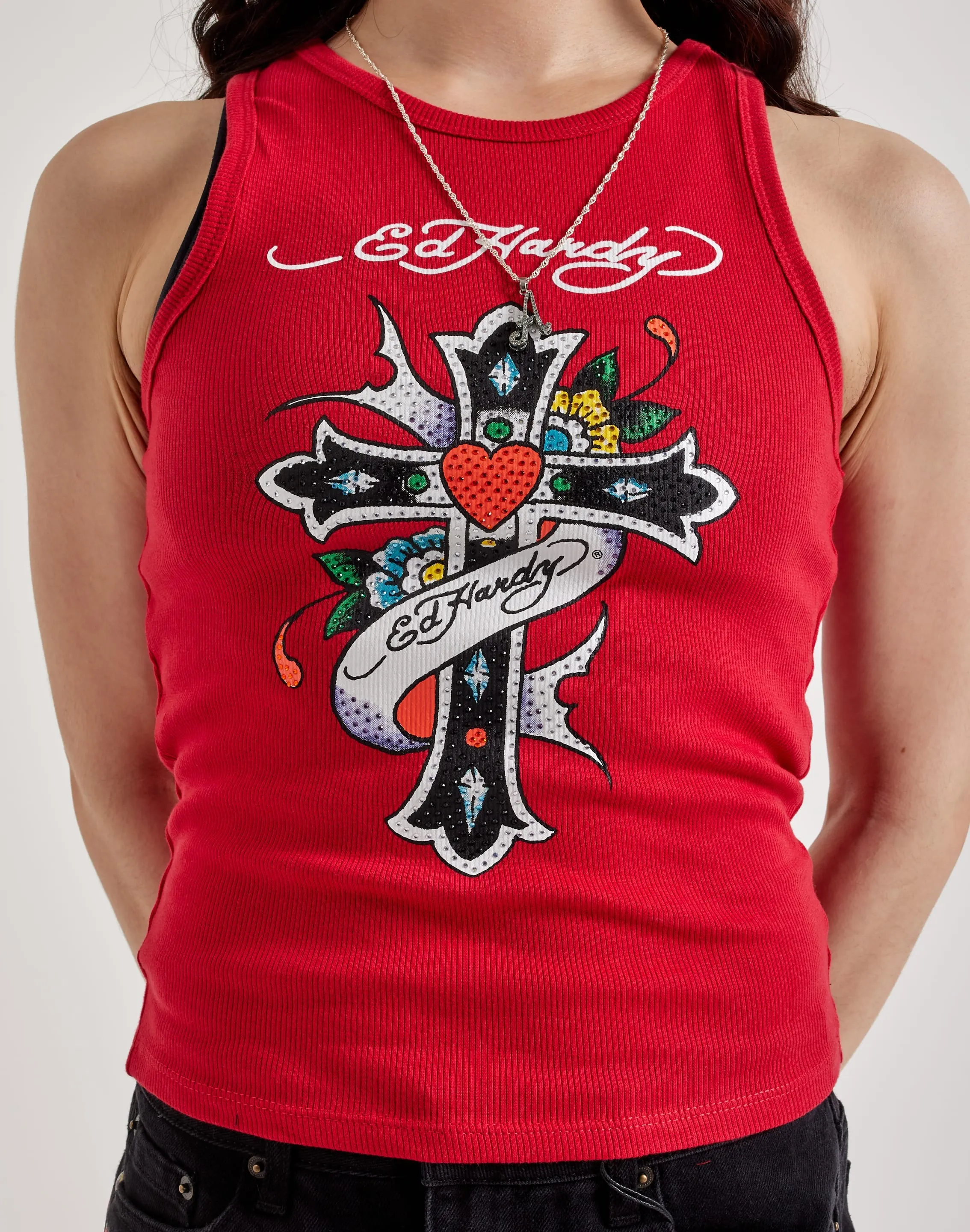 Ed Hardy Cross Rhinestone Rib Tank Top TemperatureRegulating Art Glow