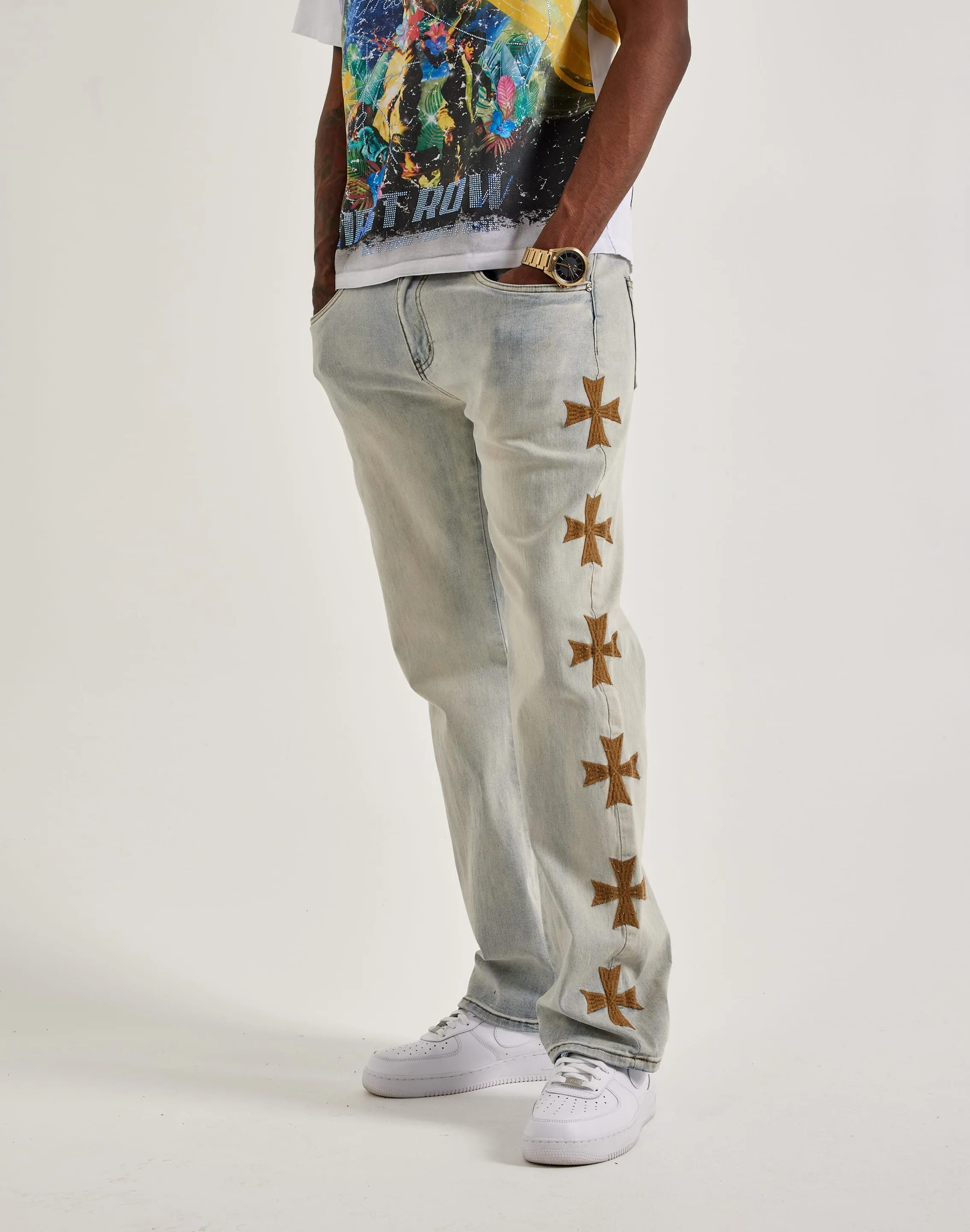 Layered Paneling Party Ready WAIMEA Embroidered Cross Jeans
