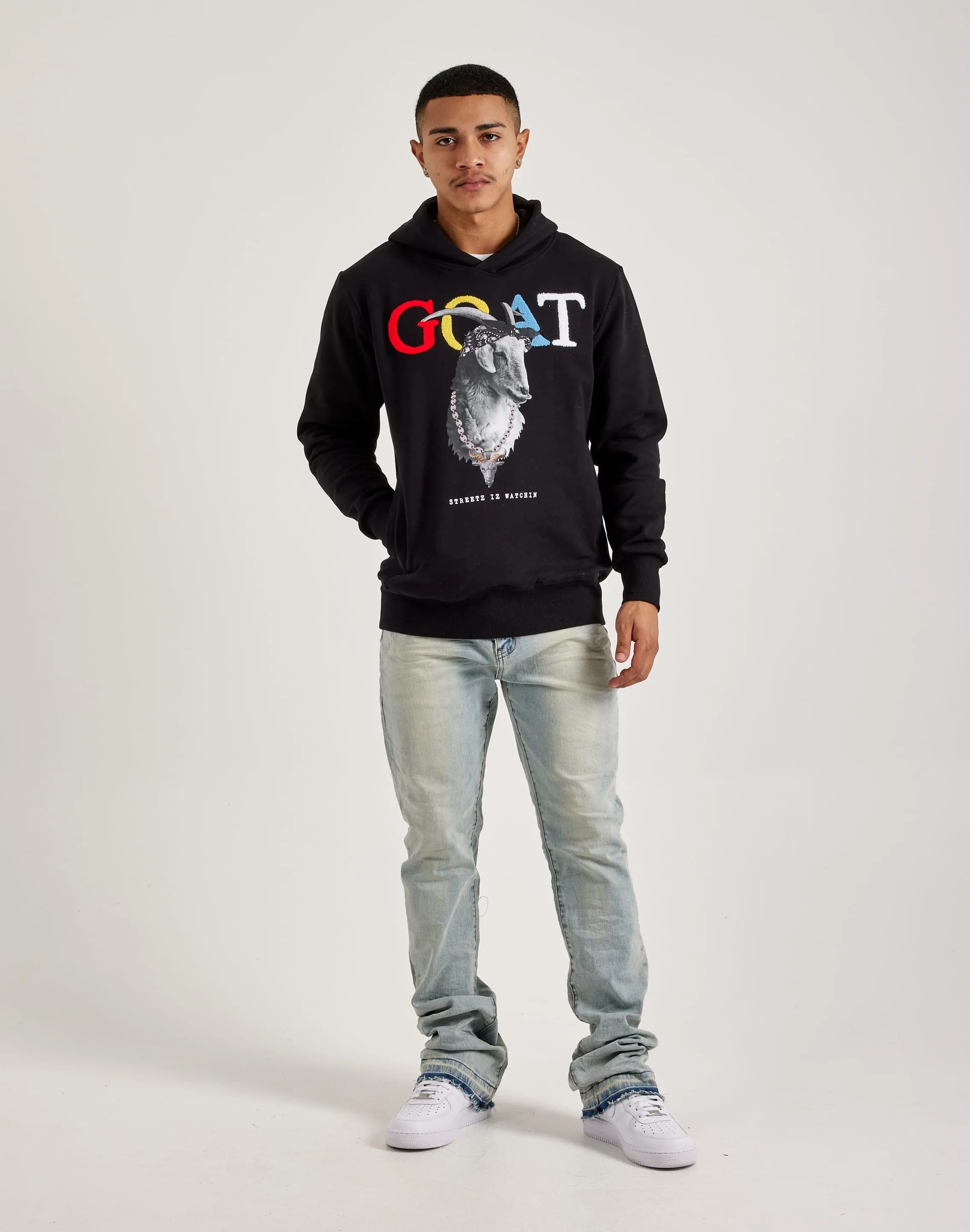 Layered Paneling Streetz Iz Watchin Goat Pullover Hoodie