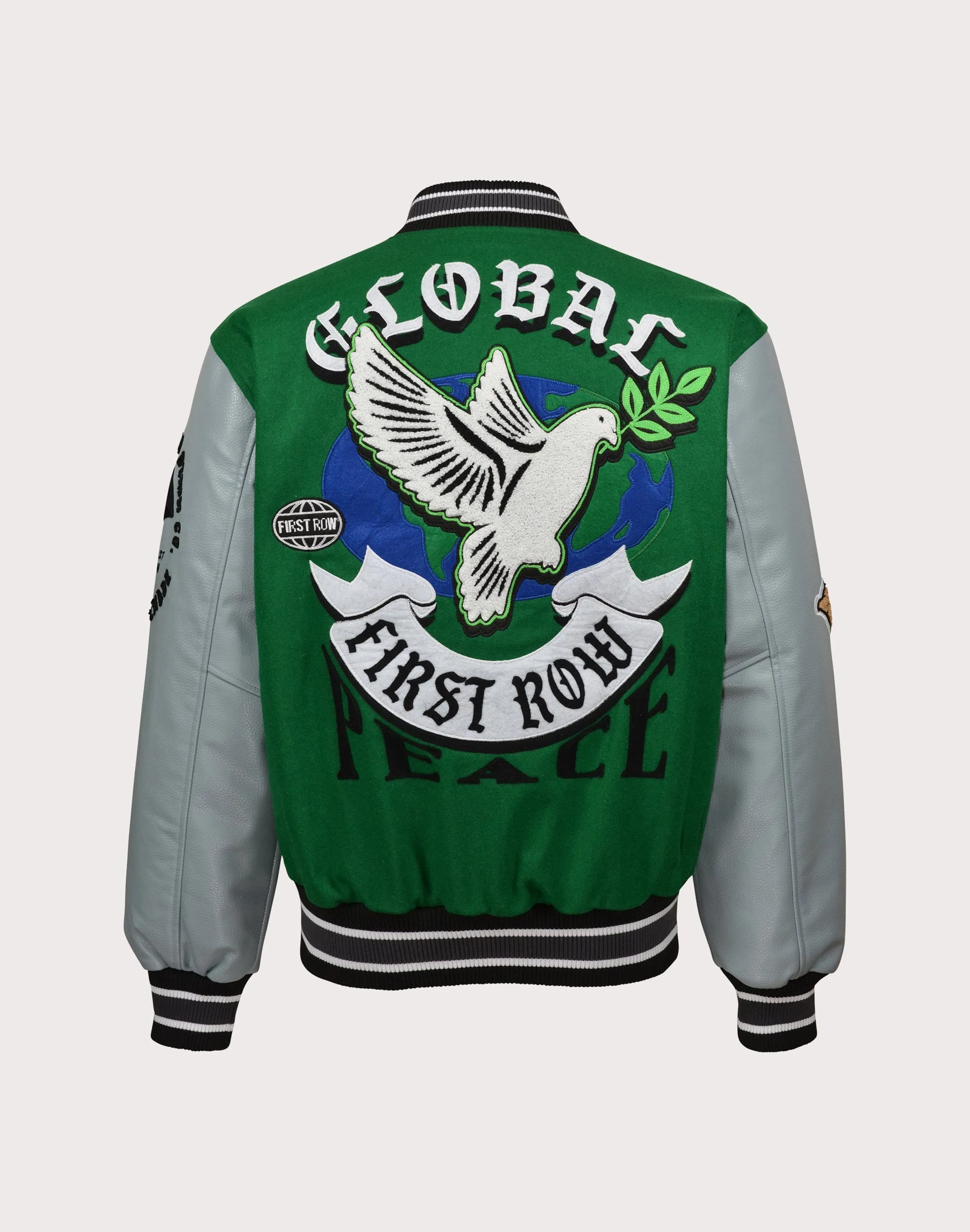 First Row Global Peace Varsity Jacket DurableReinforcedElbow Hike Fit