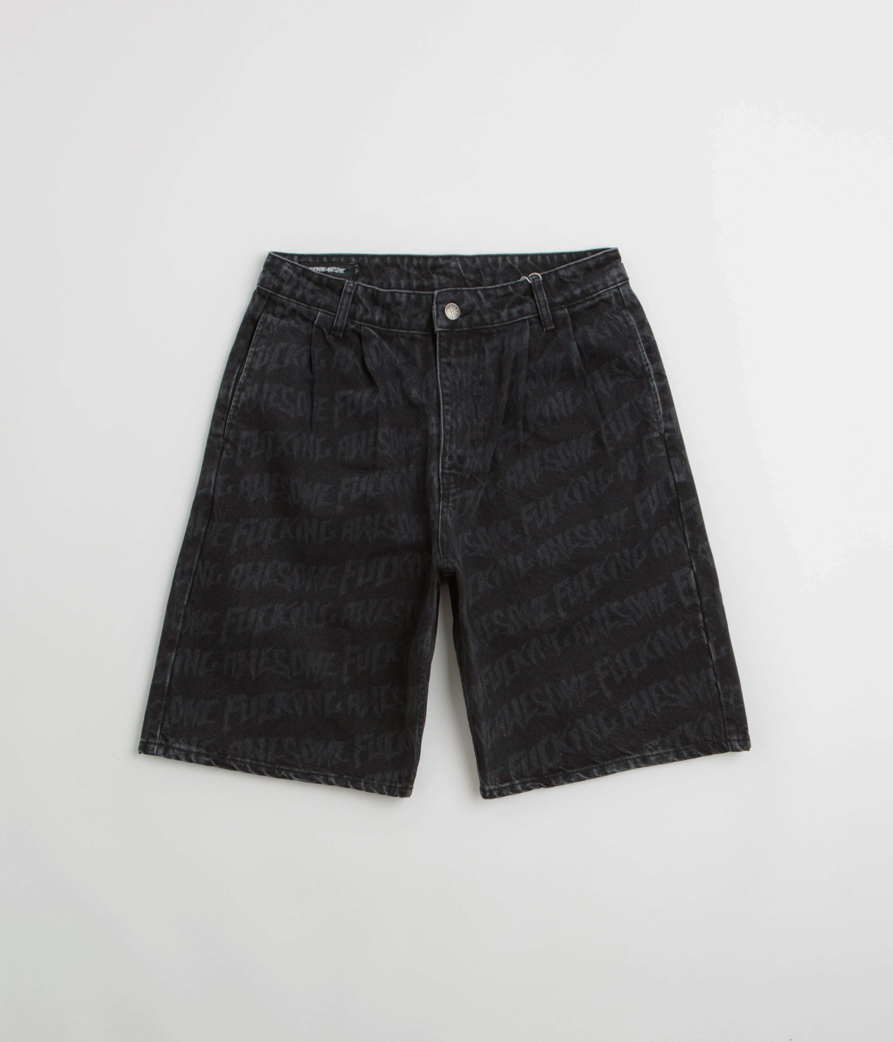 quick dry Tear Resistant Fabric Fucking Awesome Baggy Pleated Denim Laser Shorts - Black