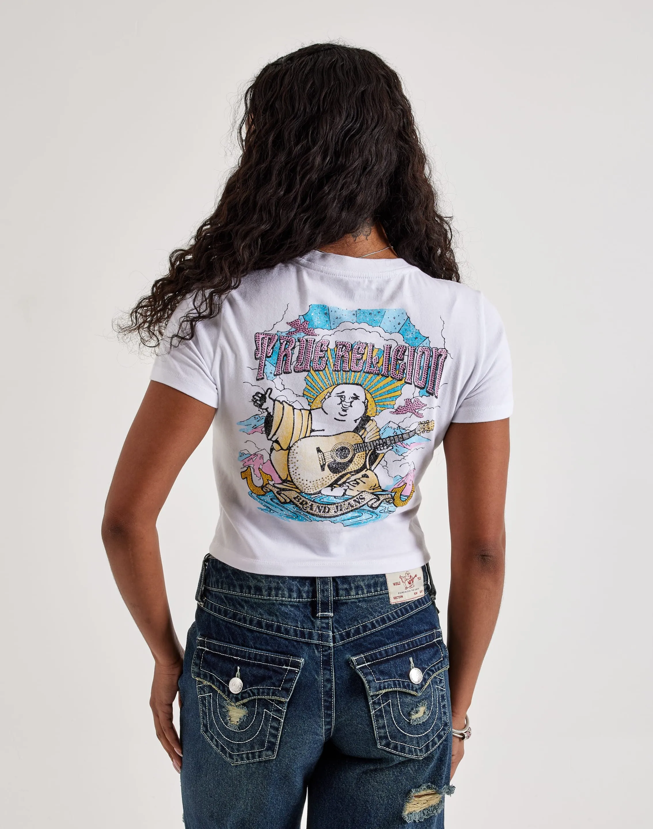 True Religion Crystal Buddha Baby Tee StainRepellentSurface OdorResistantFabric