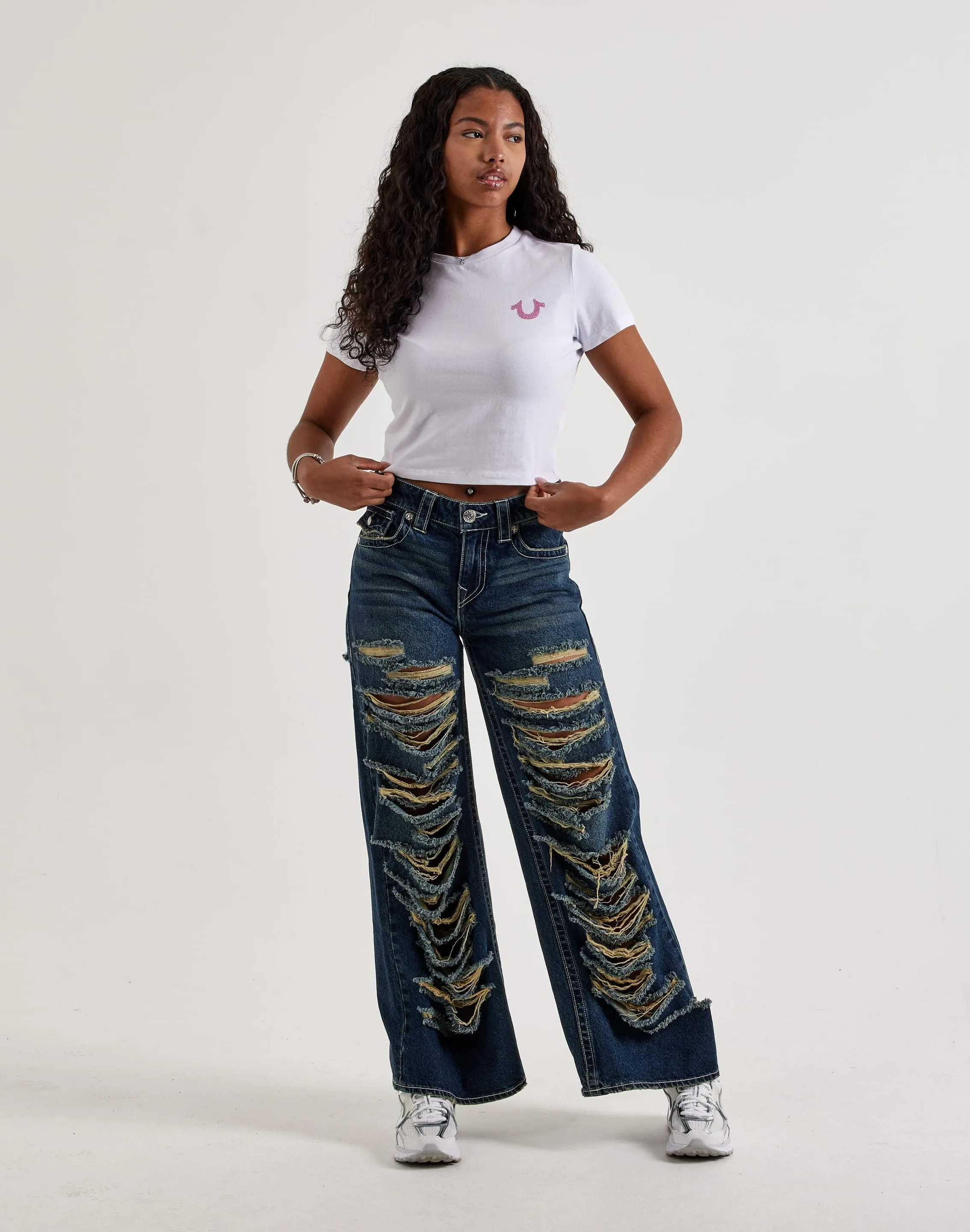True Religion Crystal Buddha Baby Tee Clear Glow Pearl Tone