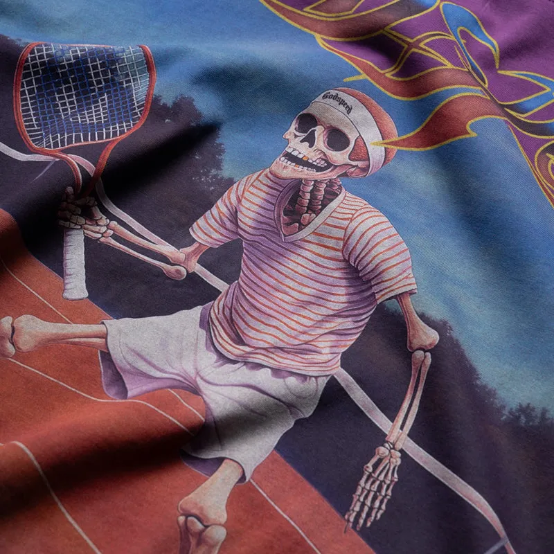 fall season cutoff shorts silhouette Godspeed New York Top Spin Tee - Purple Wash