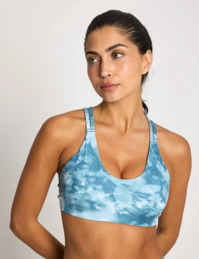Adjustable Straps Flexible Fabric Zenvy Light Support Printed Sports Bra - Smokey Blue/White