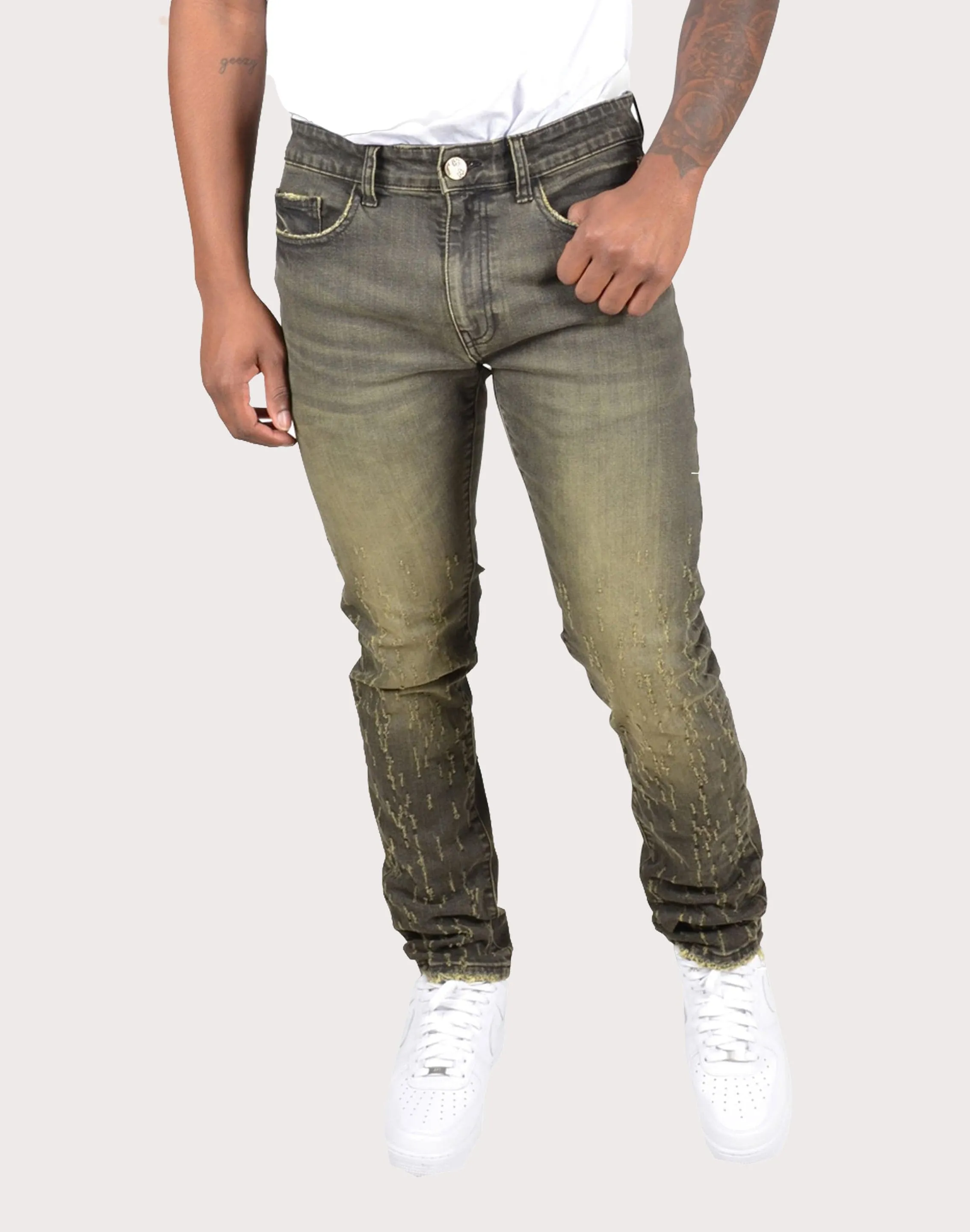 Gentle Glow LightweightMaterial Grindhouse Tinted Slim Scratched Denim Jeans