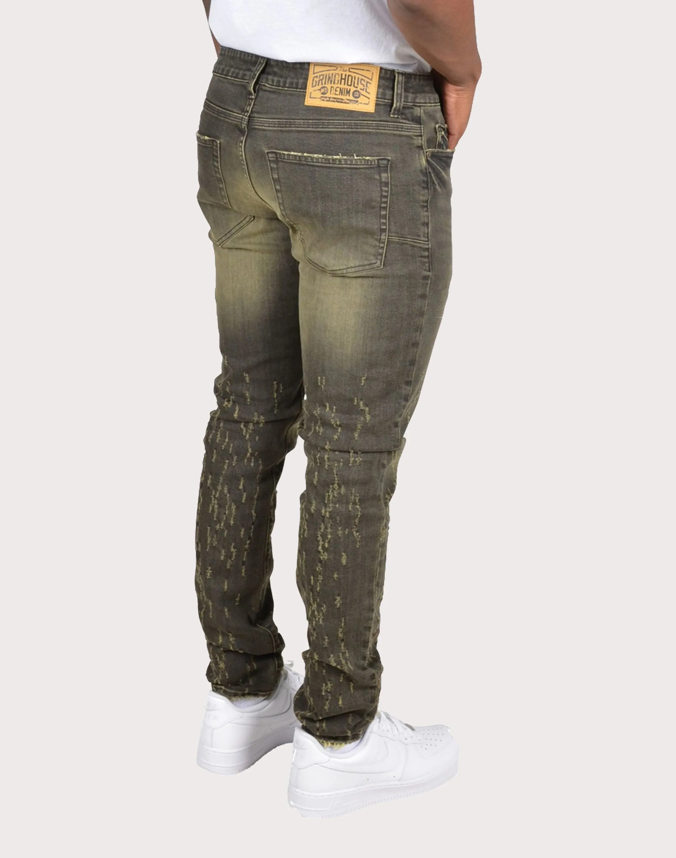 Grindhouse Tinted Slim Scratched Denim Jeans Cotton Glow Spark Soul