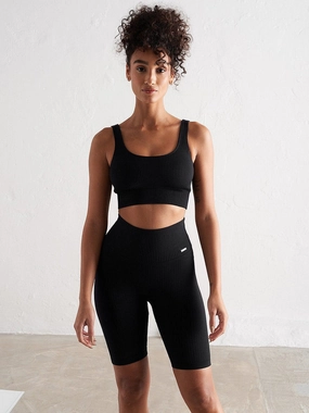 Black Ribbed Seamless Biker Shorts DurableStitching Multi Directional Flex