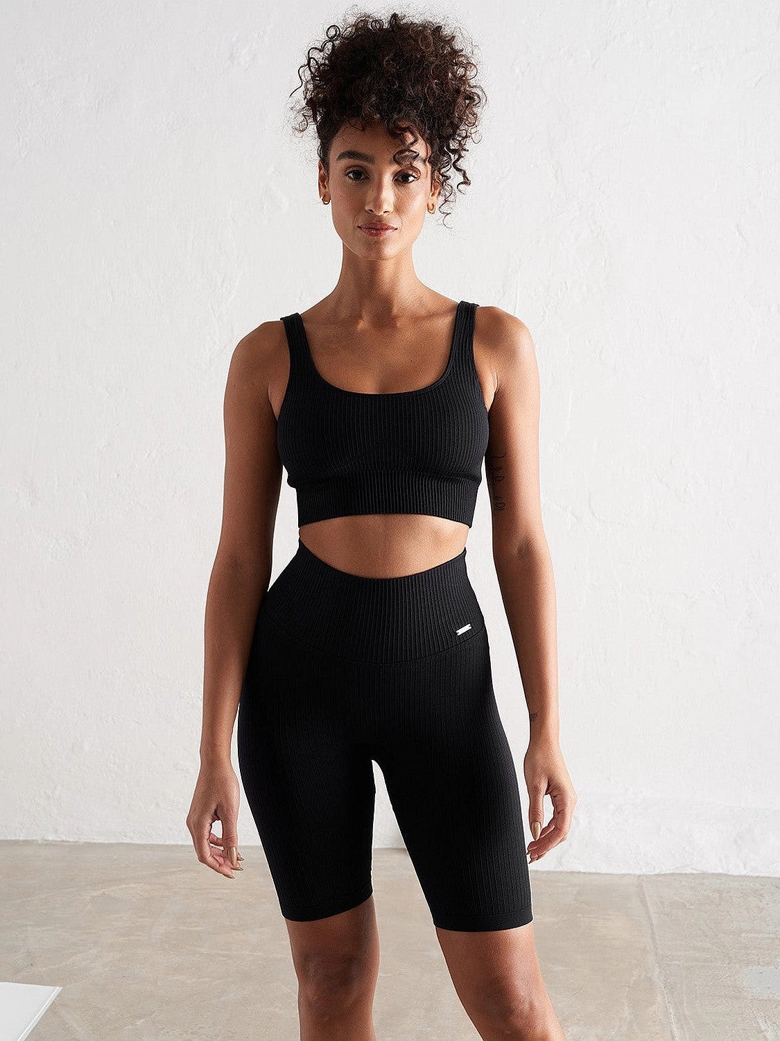 Black Ribbed Seamless Biker Shorts DurableStitching Multi Directional Flex