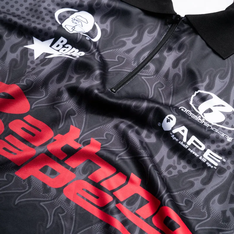 A Bathing Ape Flame Pattern Half Zip Polo Shirt - Black Wrinkle-Resistant Ventilated Back Panel