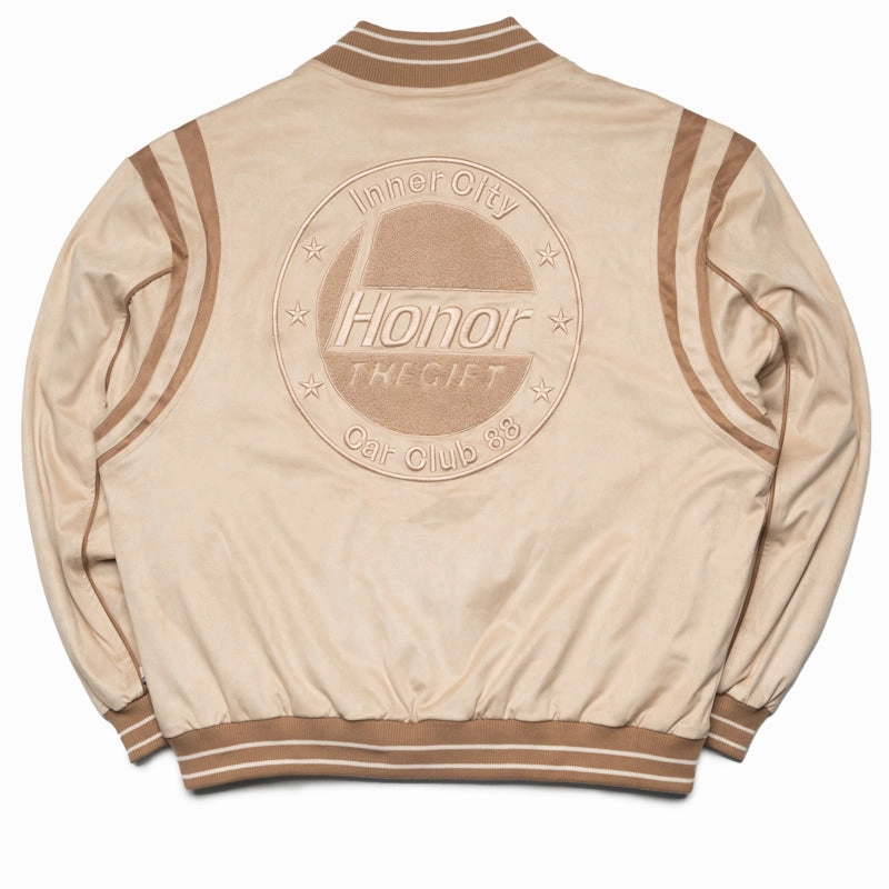 college Quilted Panels Honor The Gift Oil Head Varsity Jacket - Tan
