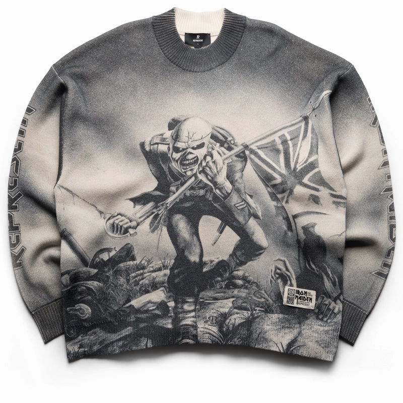 City Beat Layered Hem Details Iron Maiden x Represent Trooper Knit Sweater - Sunfade Grey